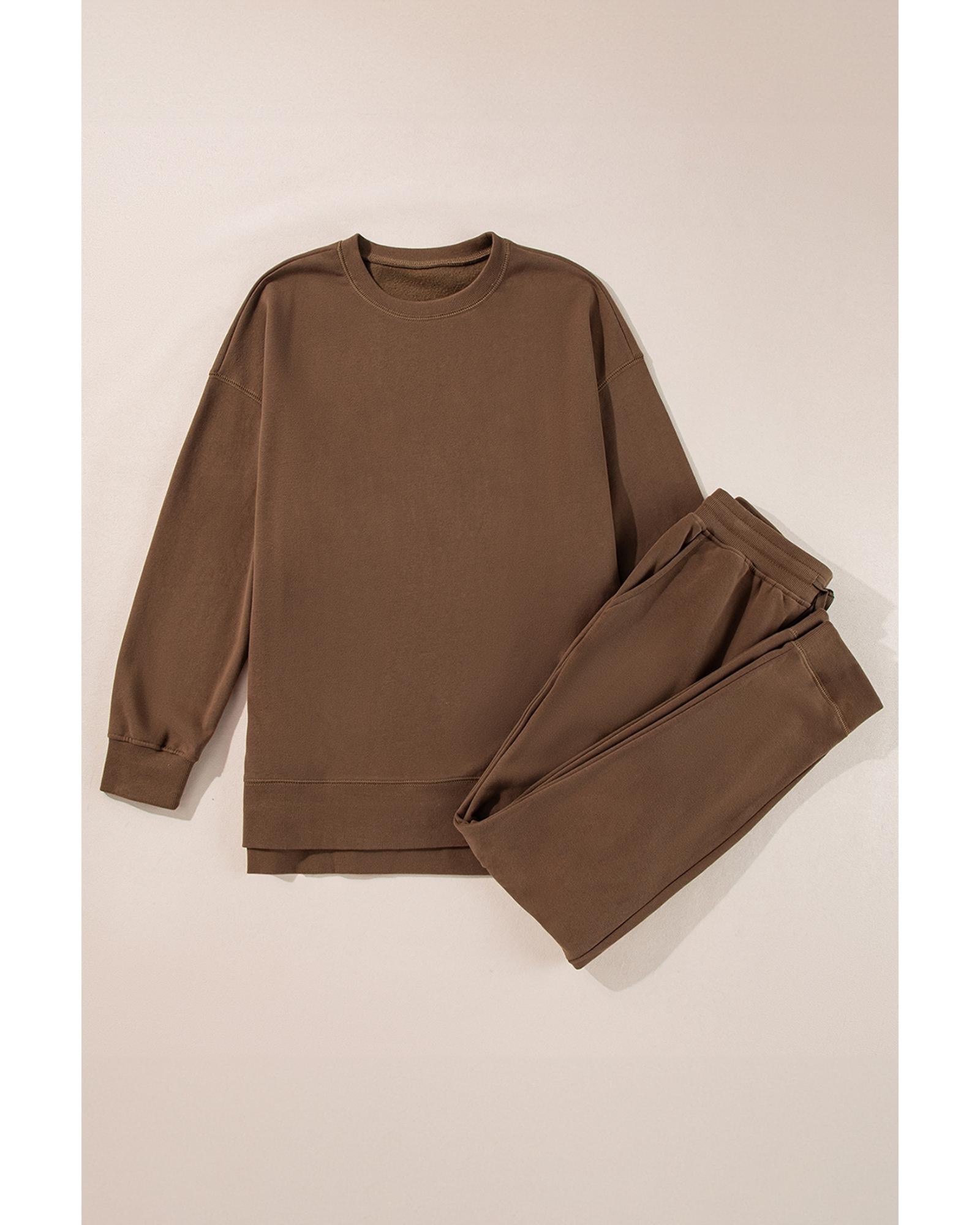 Coffee Solid Color High Low Pullover and Skinny Pants Set - M 6
