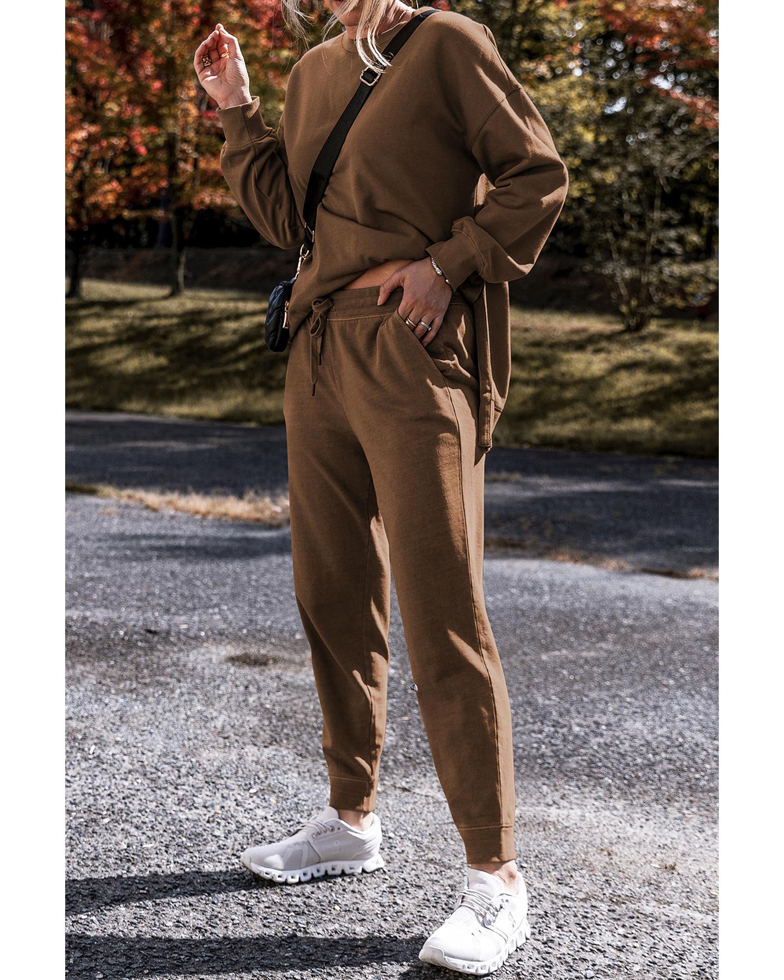 Coffee Solid Color High Low Pullover and Skinny Pants Set - M 8