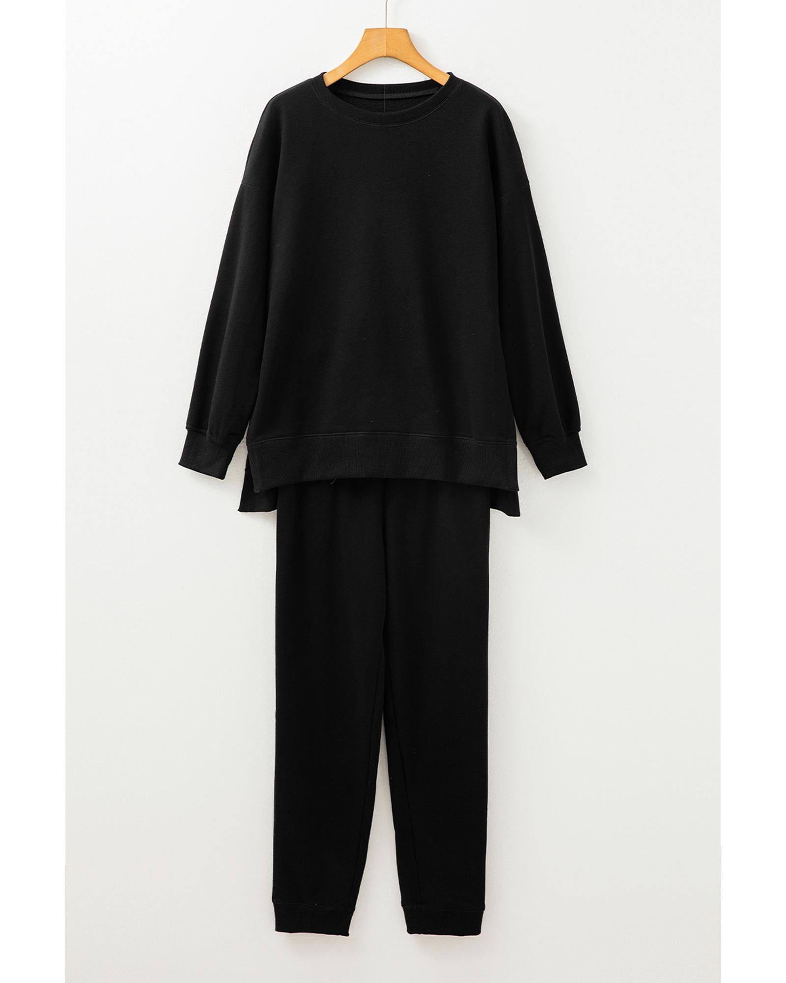 Black Solid Color High Low Pullover and Skinny Pants Set - L 8