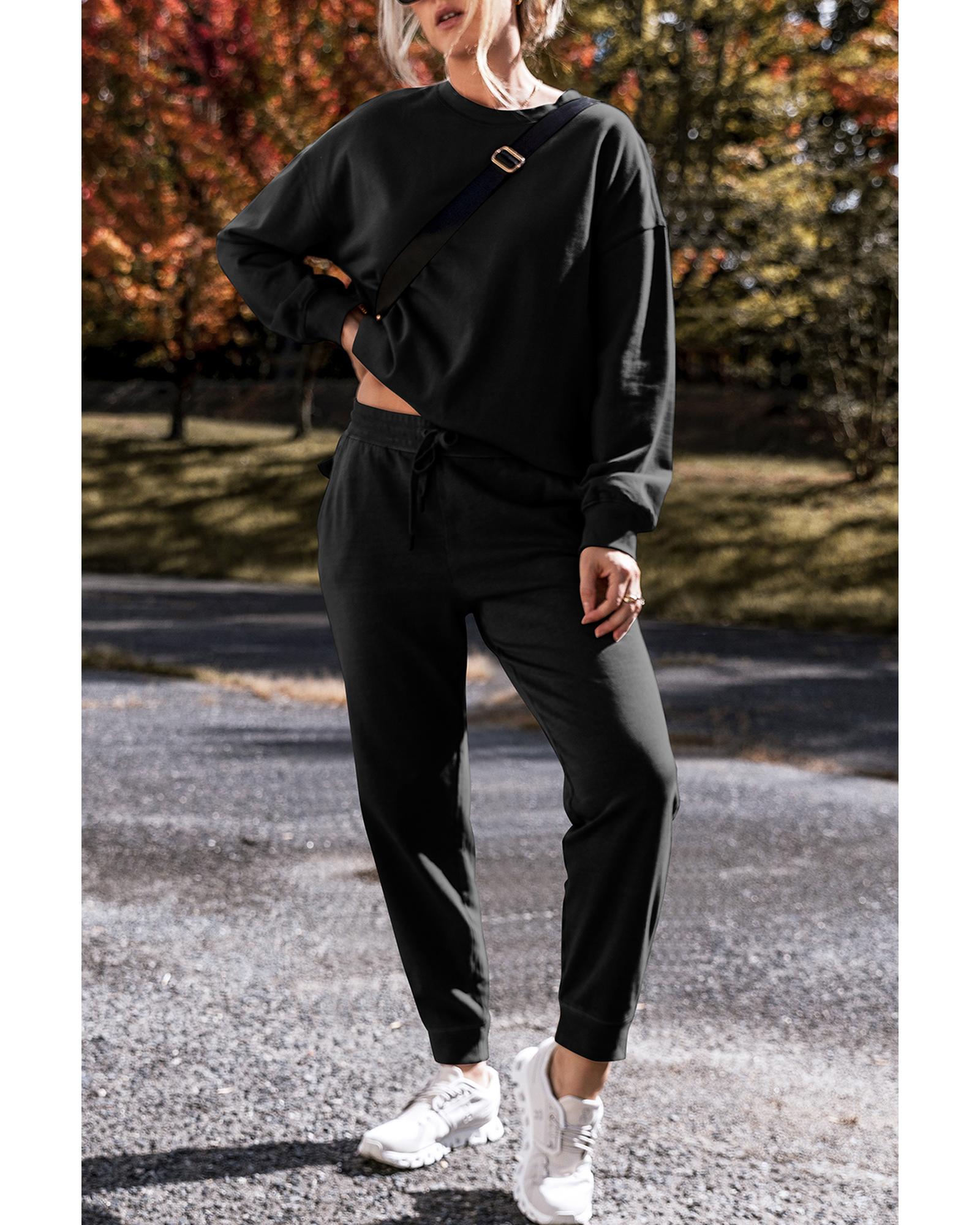 Black Solid Color High Low Pullover and Skinny Pants Set - XL 4
