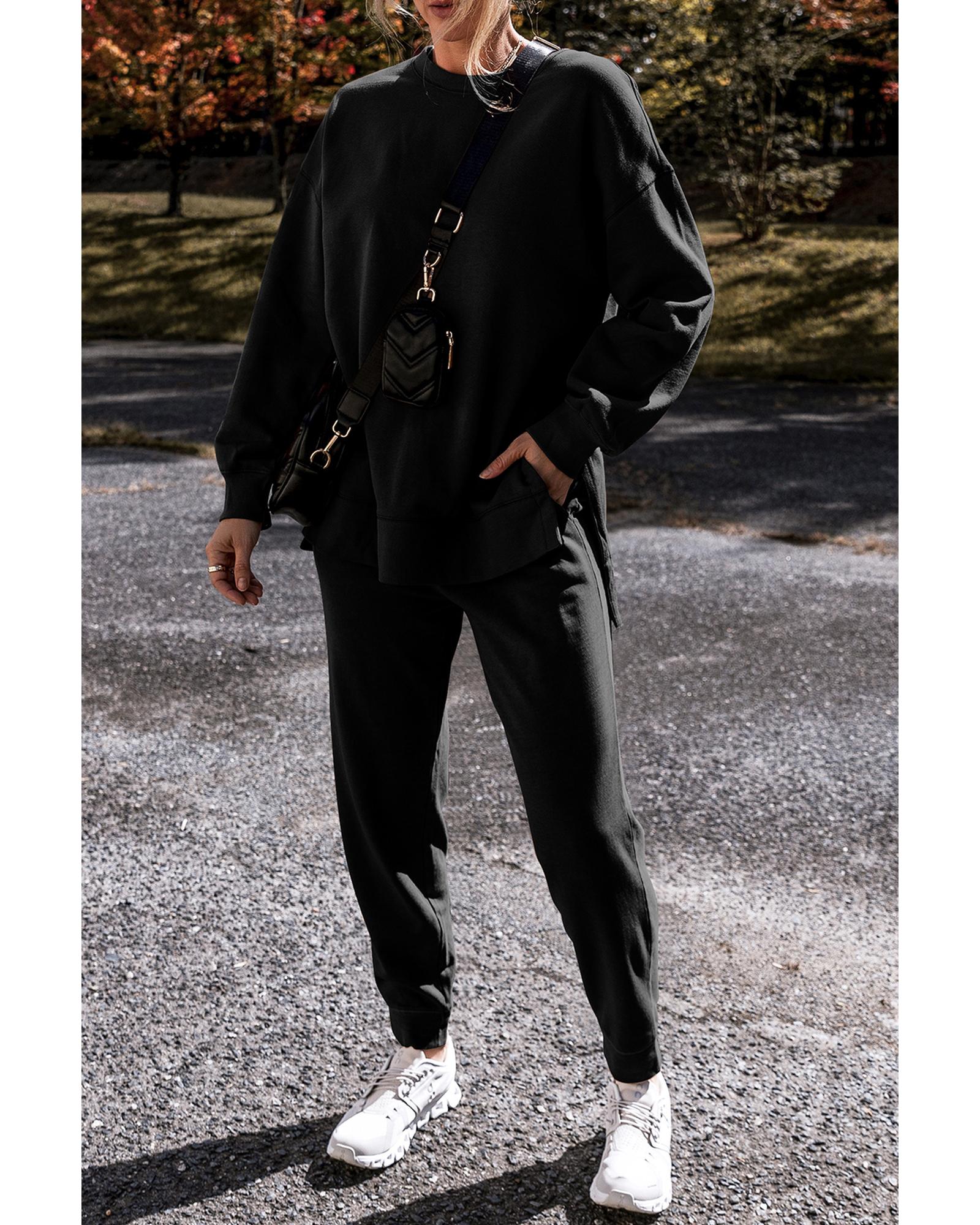 Black Solid Color High Low Pullover and Skinny Pants Set - XL 6