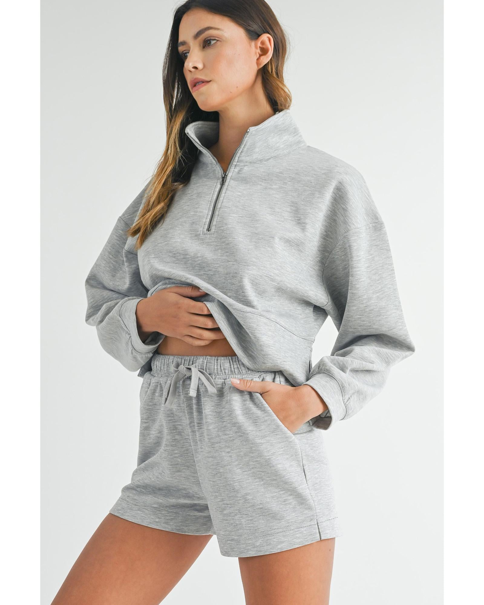 Light Grey Stand Neck Zipped Sweatshirt and Shorts Set - XL 3
