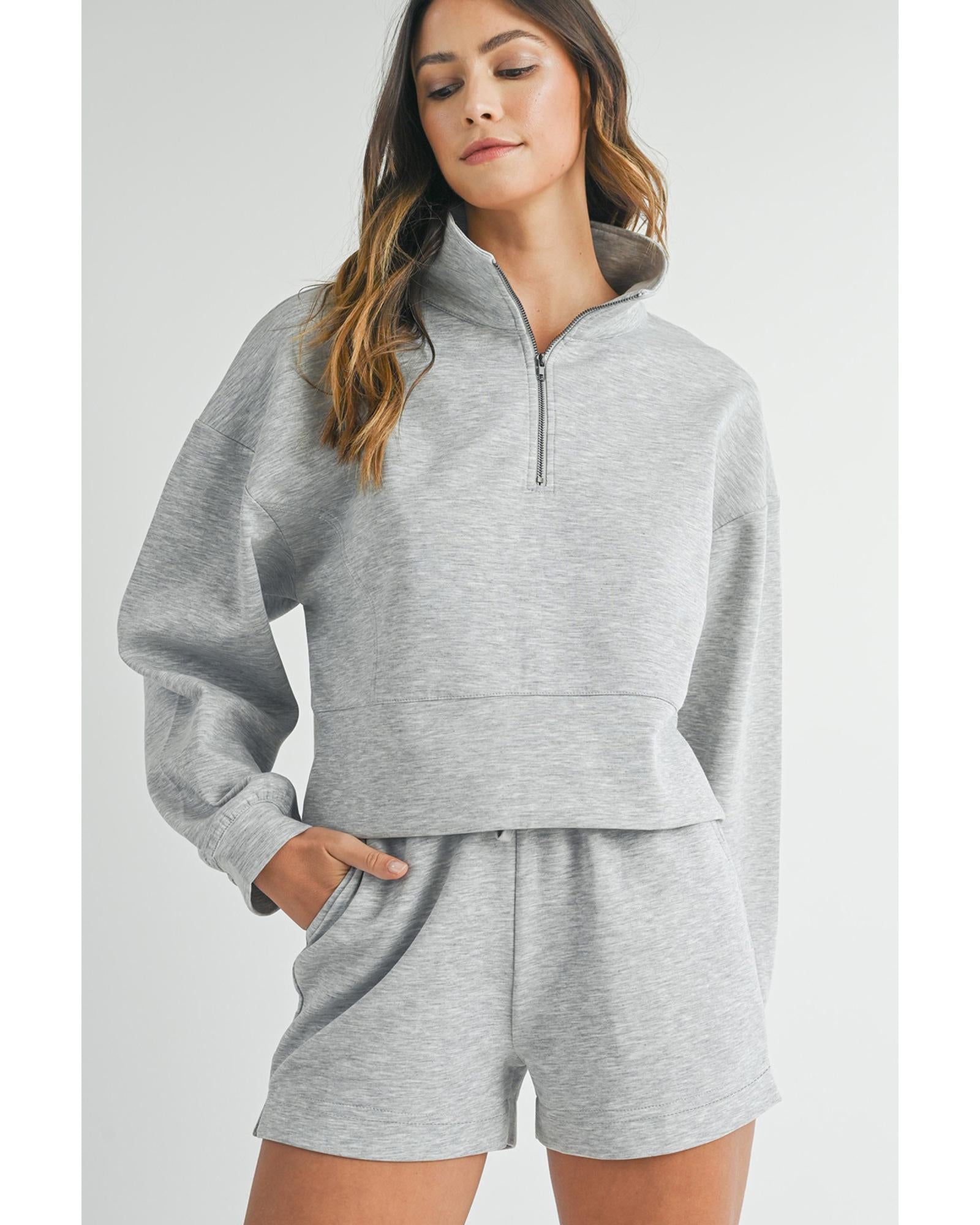 Light Grey Stand Neck Zipped Sweatshirt and Shorts Set - XL 4