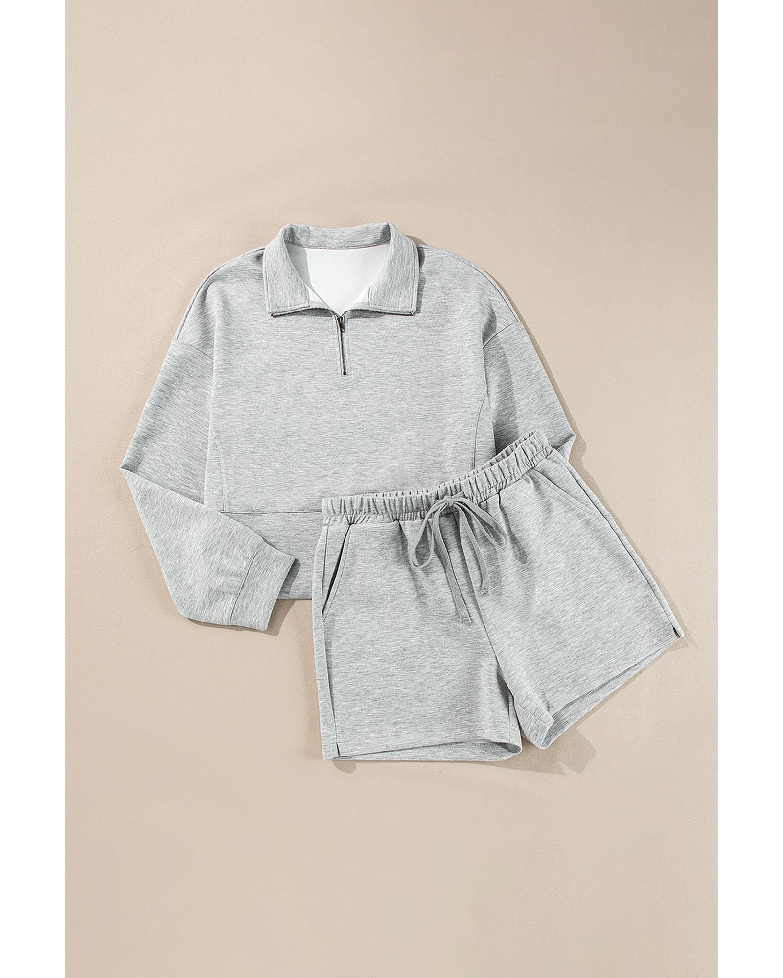 Light Grey Stand Neck Zipped Sweatshirt and Shorts Set - XL 6