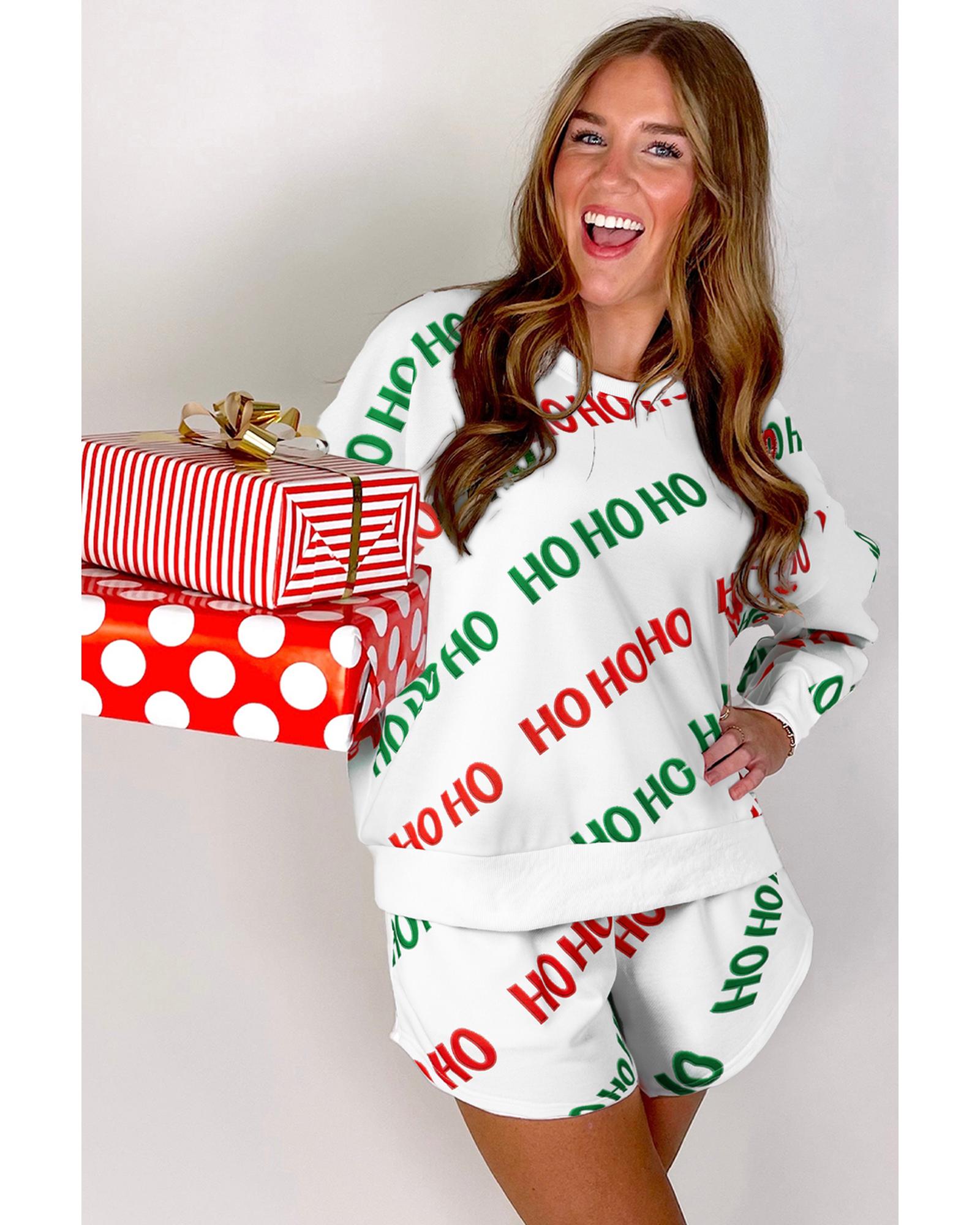 White Christmas HOHOHO Print Drop Shoulder Pullover and Casual Shorts Set - M 5