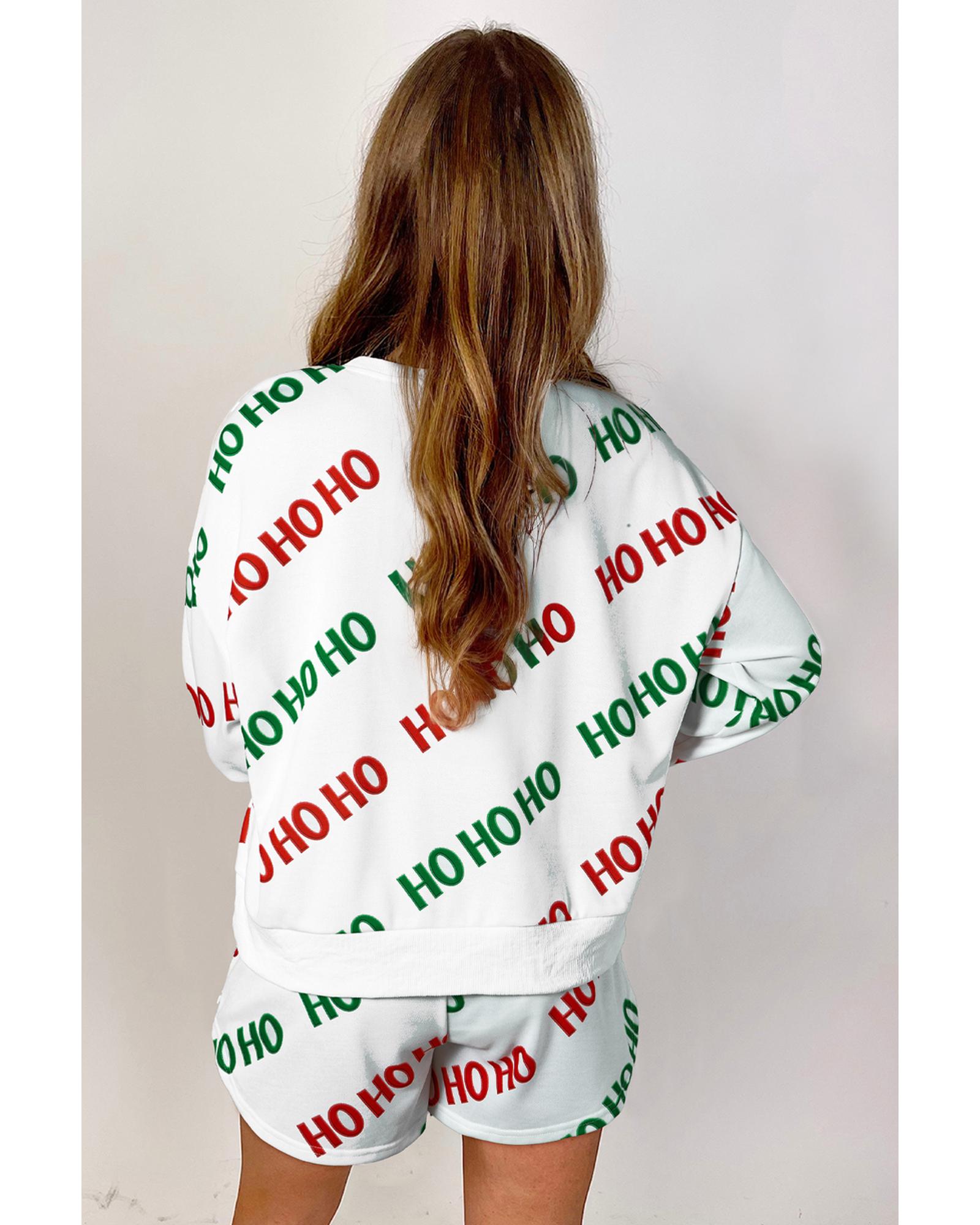 White Christmas HOHOHO Print Drop Shoulder Pullover and Casual Shorts Set - S