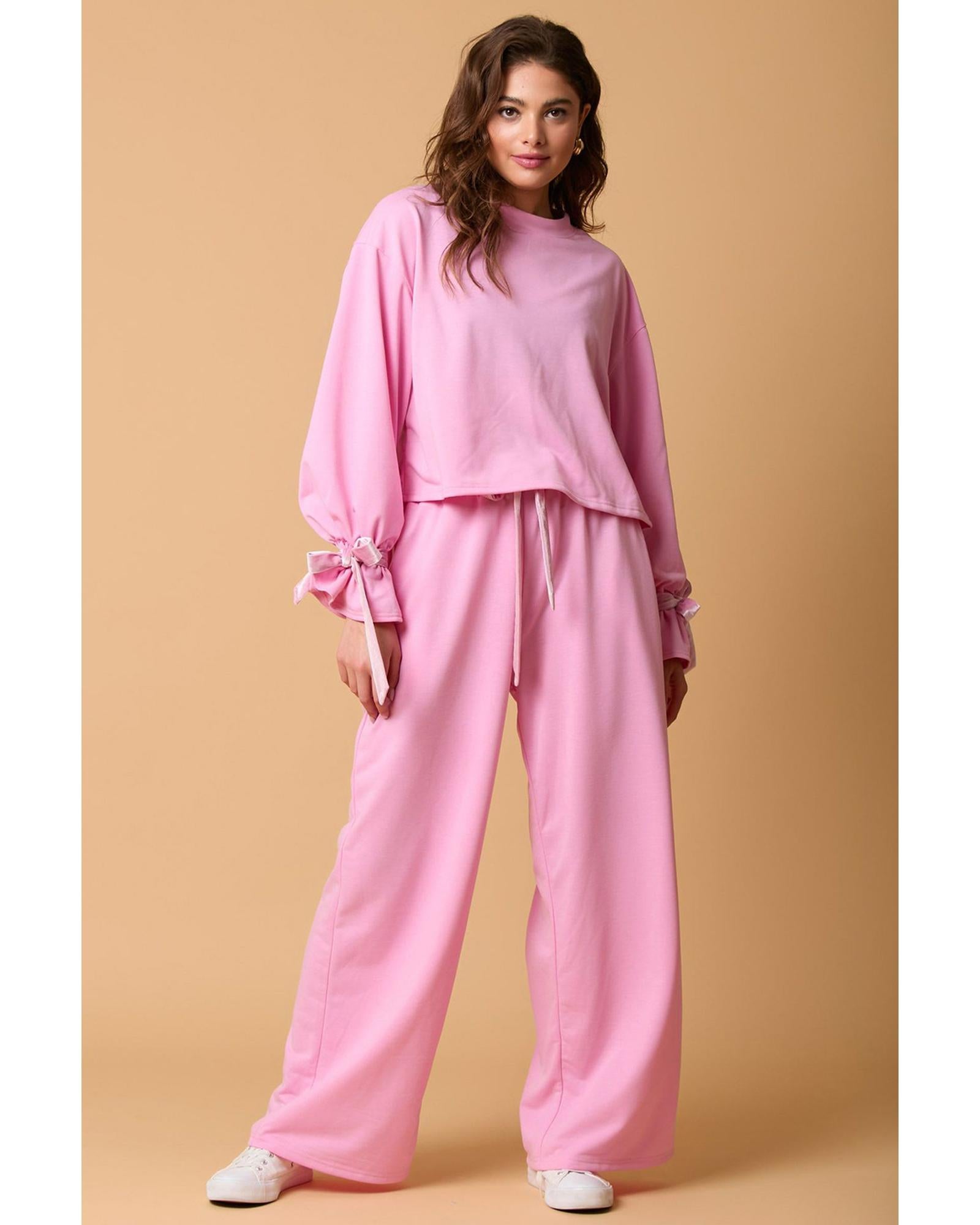 Bonbon Solid Color Drawstring Long Sleeve Top and Pants Set - L