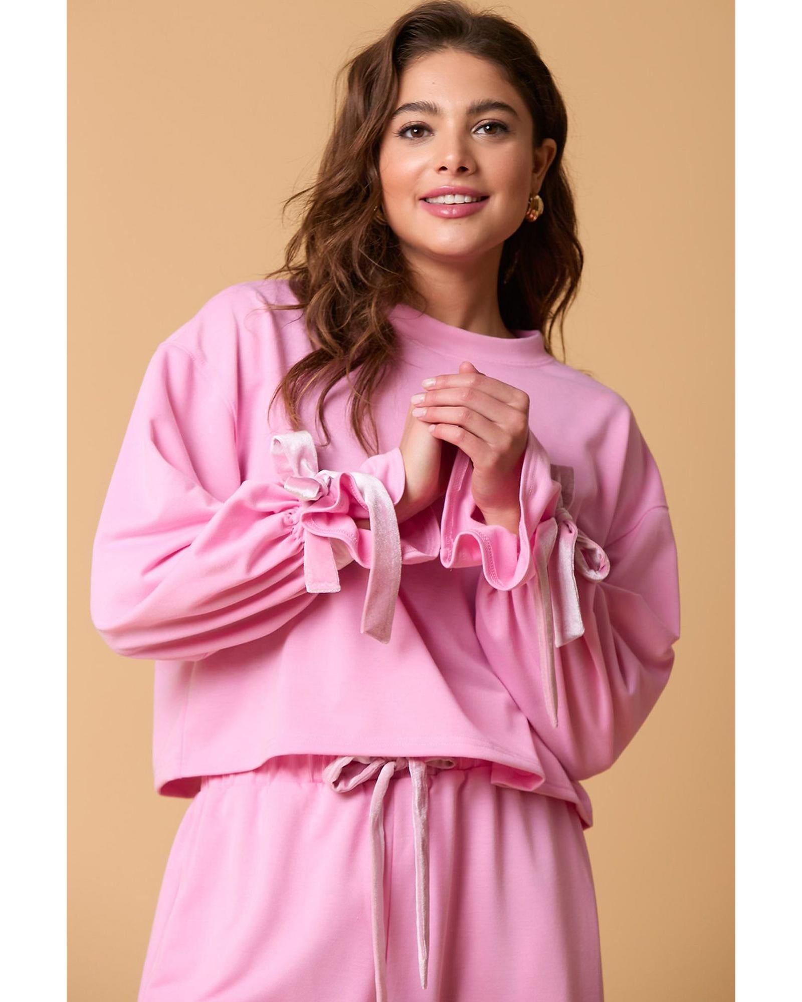 Bonbon Solid Color Drawstring Long Sleeve Top and Pants Set - L 5
