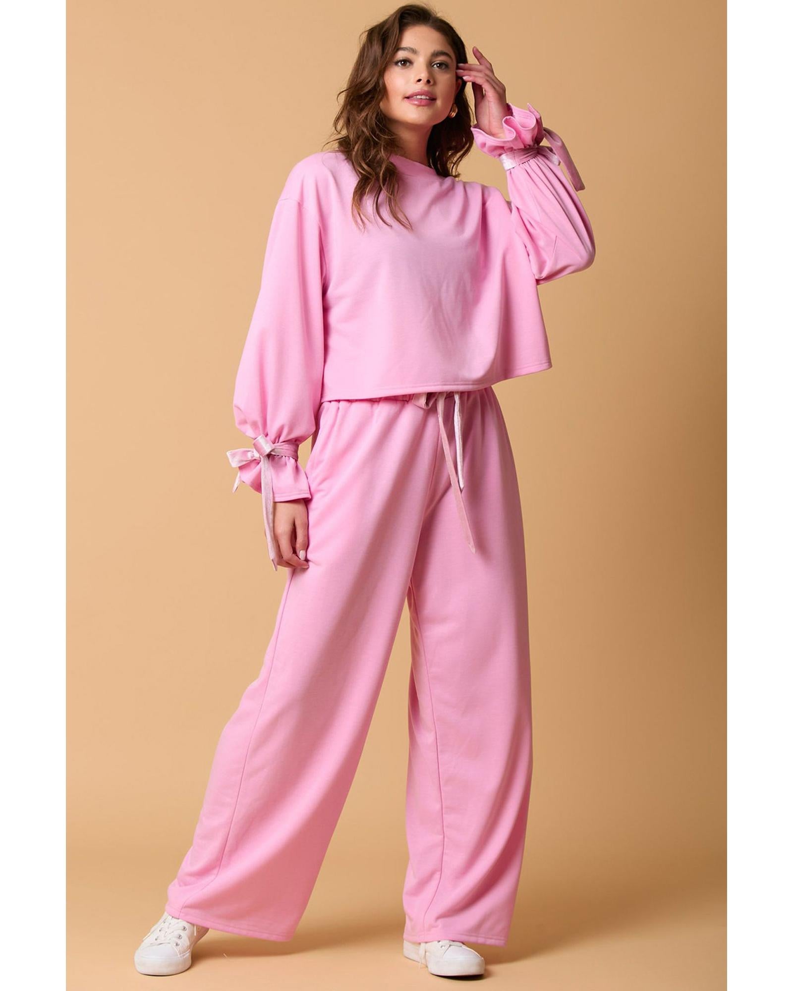 Bonbon Solid Color Drawstring Long Sleeve Top and Pants Set - XL
