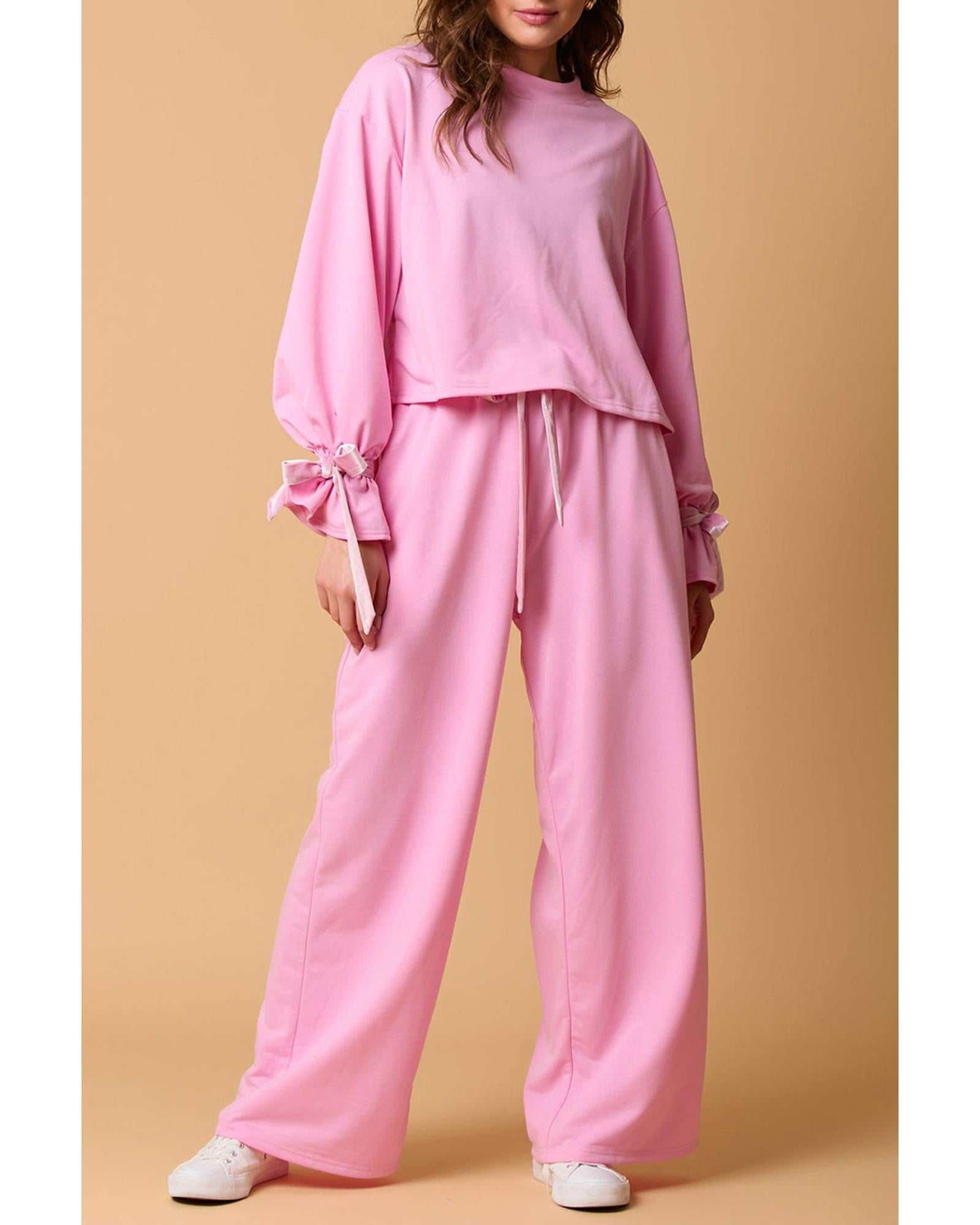 Bonbon Solid Color Drawstring Long Sleeve Top and Pants Set - XL 4