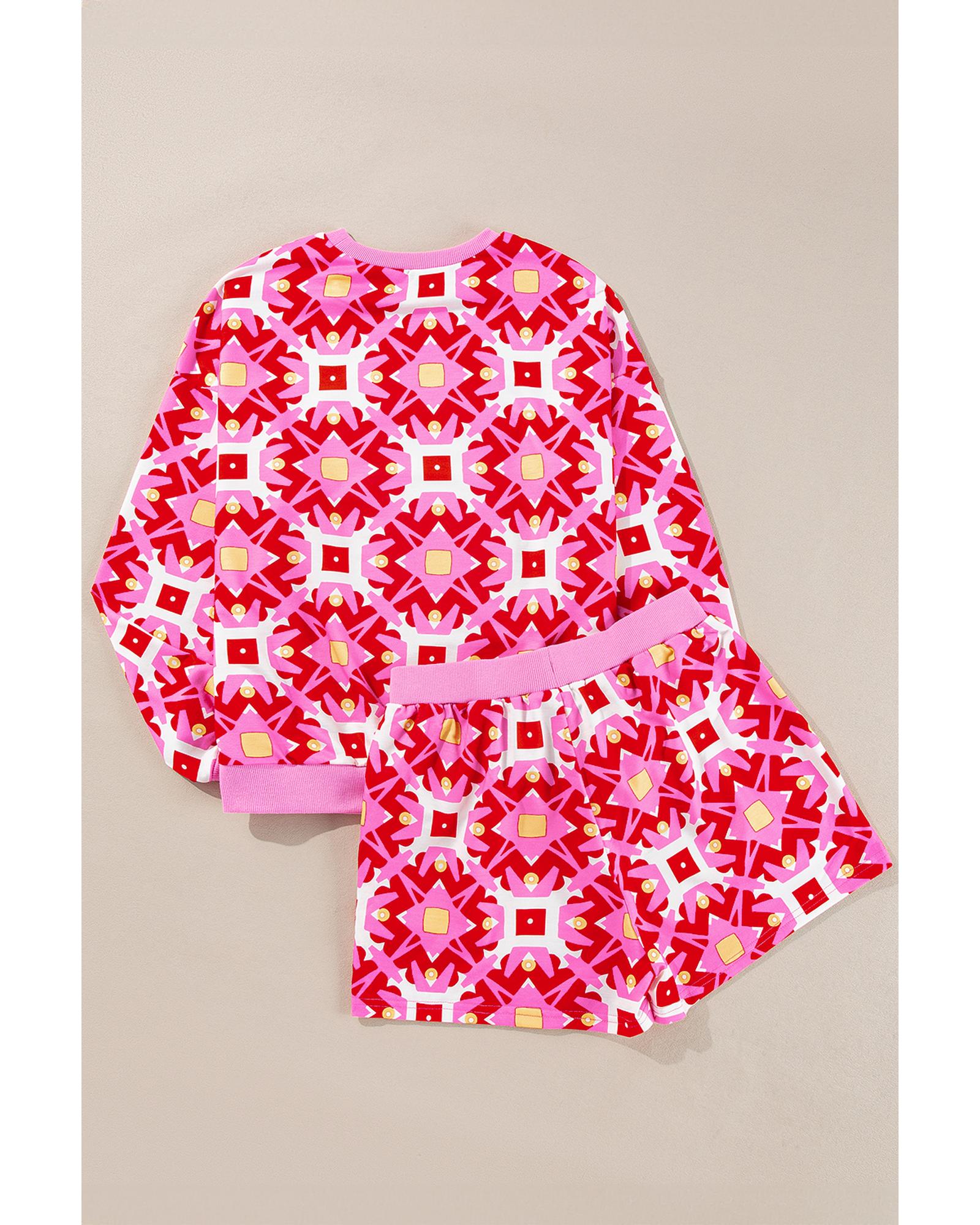 Sachet Pink Geometric Print Long Sleeve Top and Drawstring Shorts Set - M