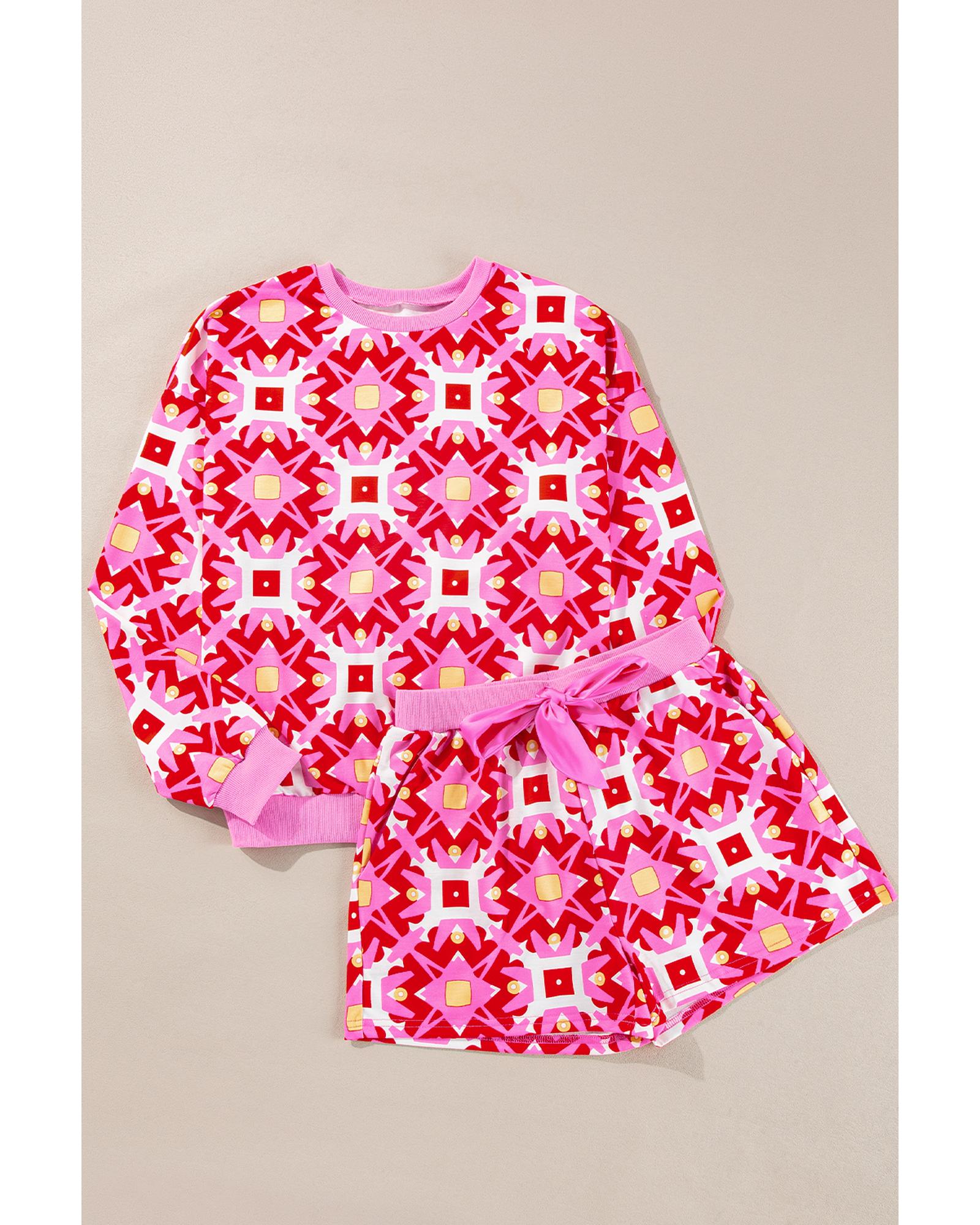 Sachet Pink Geometric Print Long Sleeve Top and Drawstring Shorts Set - M