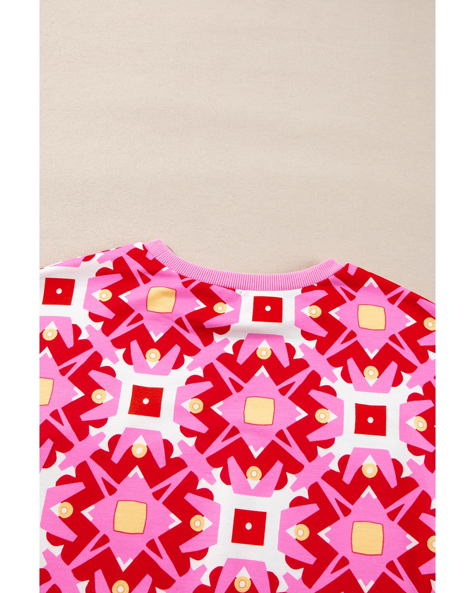 Sachet Pink Geometric Print Long Sleeve Top and Drawstring Shorts Set - M 3