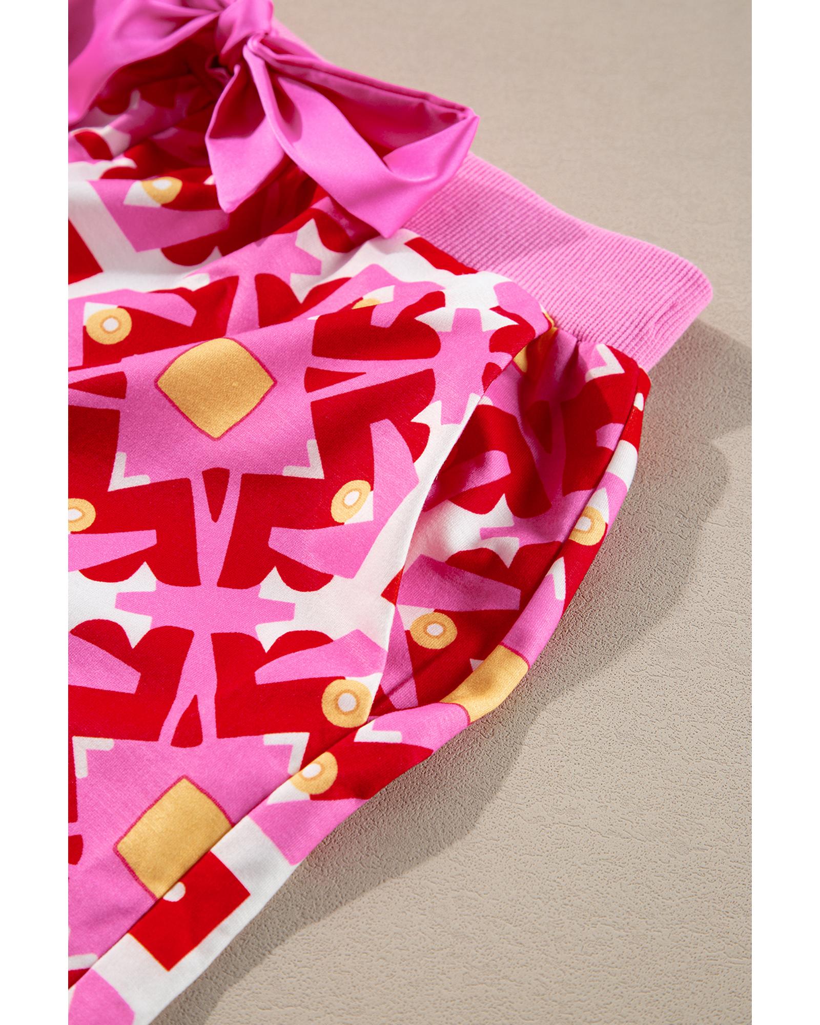 Sachet Pink Geometric Print Long Sleeve Top and Drawstring Shorts Set - M 5