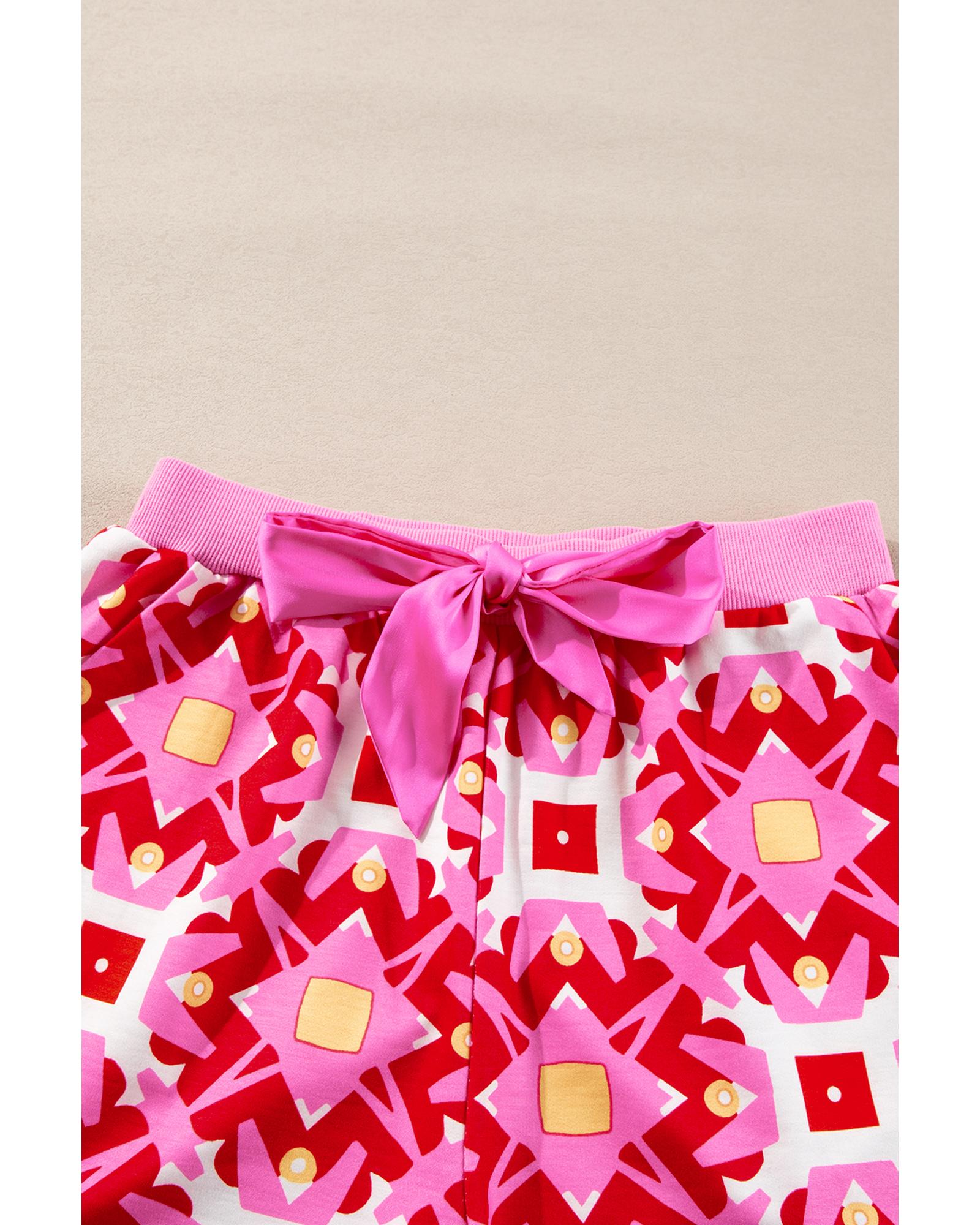 Sachet Pink Geometric Print Long Sleeve Top and Drawstring Shorts Set - M 7