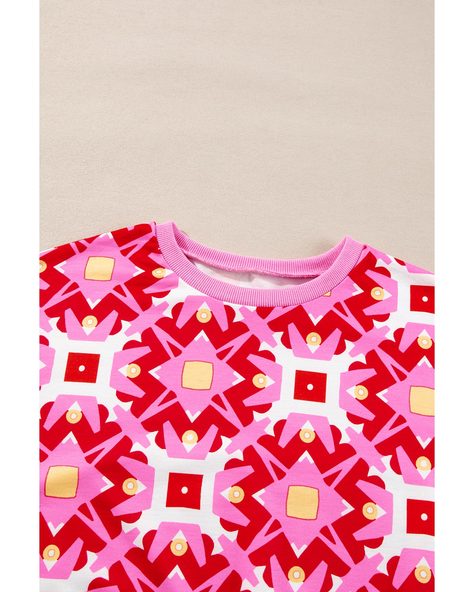 Sachet Pink Geometric Print Long Sleeve Top and Drawstring Shorts Set - M 8