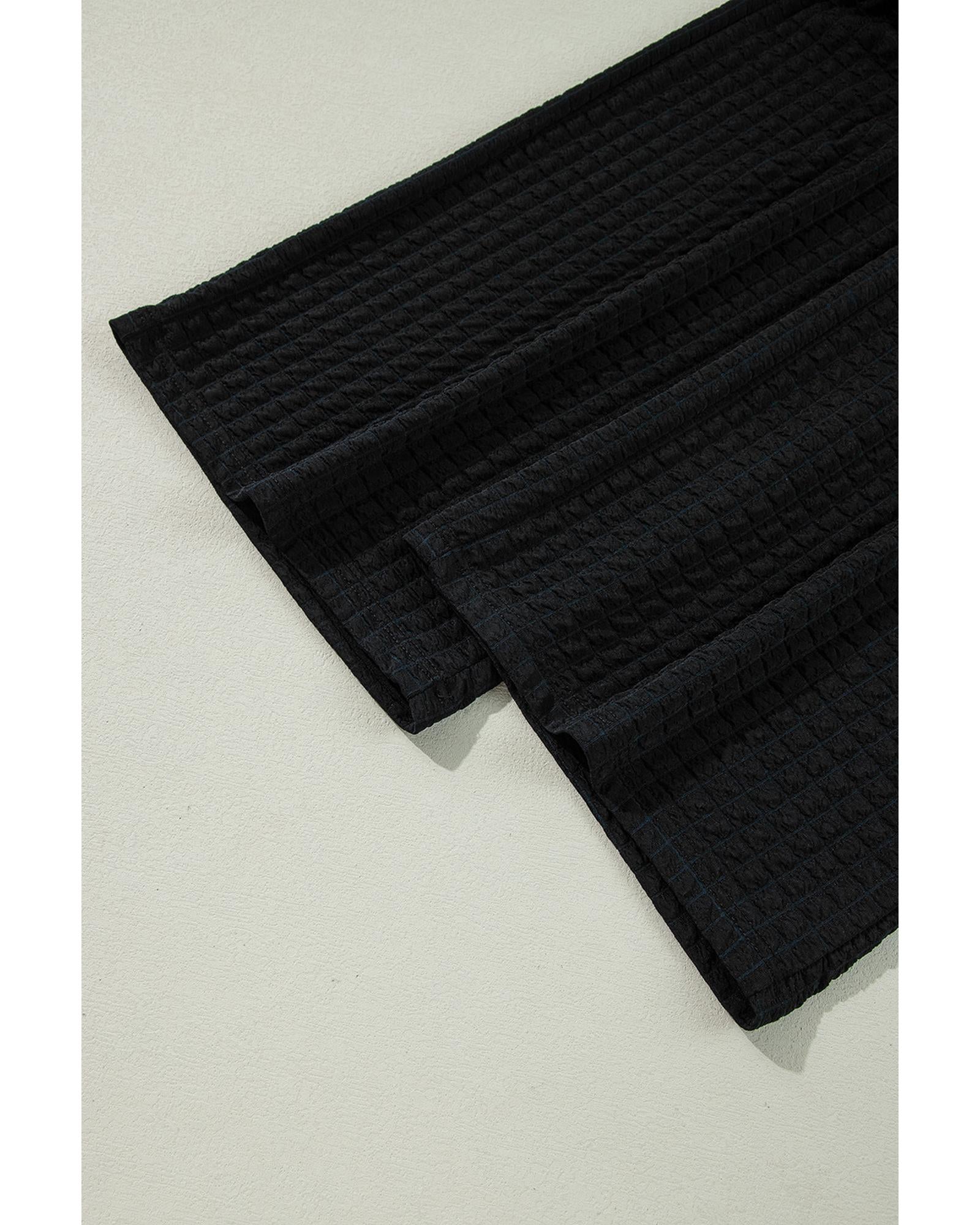 Color black Textured Knit Cap Sleeve T Shirt and Wide Leg Pants Set - XL