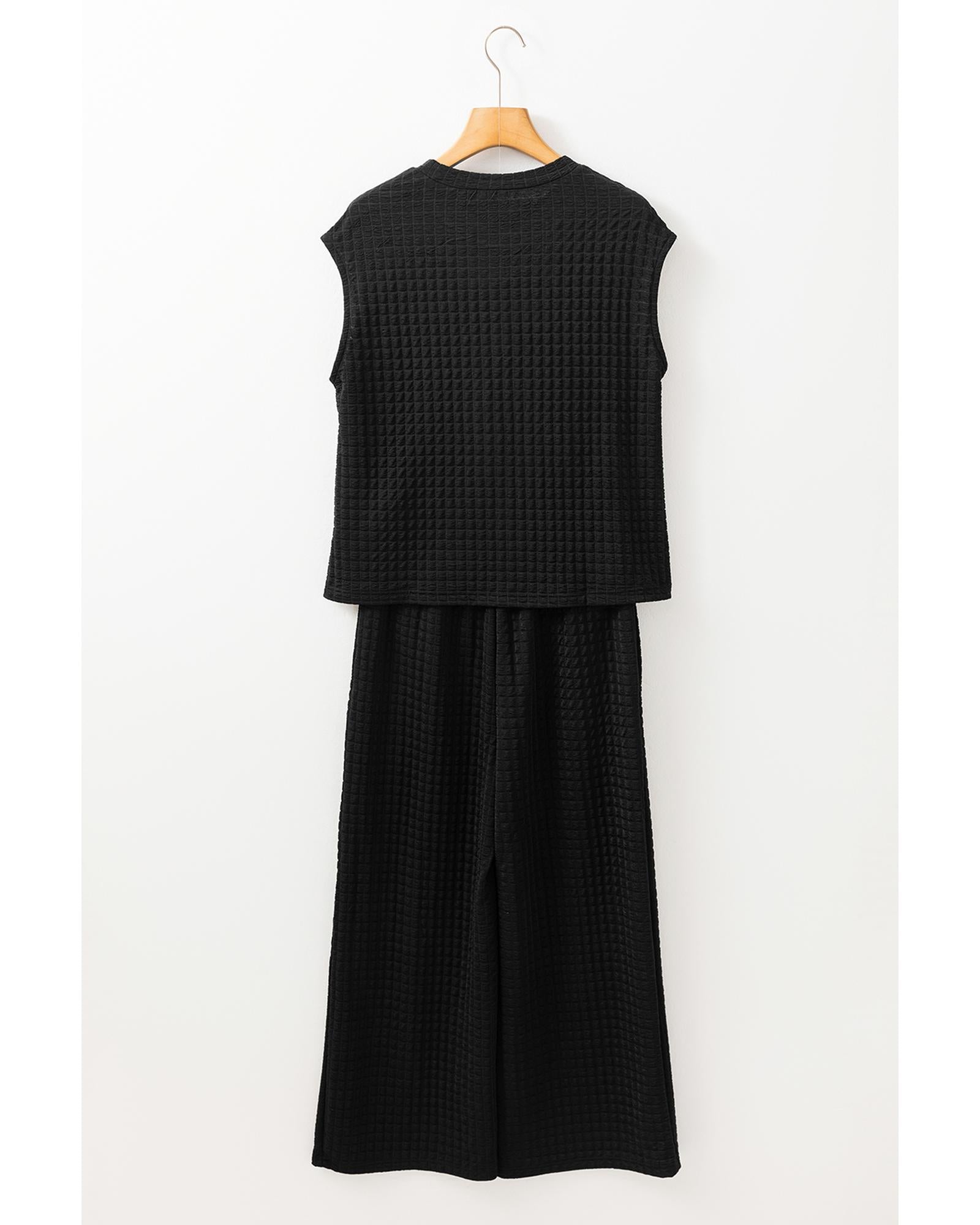 Color black Textured Knit Cap Sleeve T Shirt and Wide Leg Pants Set - XL 4