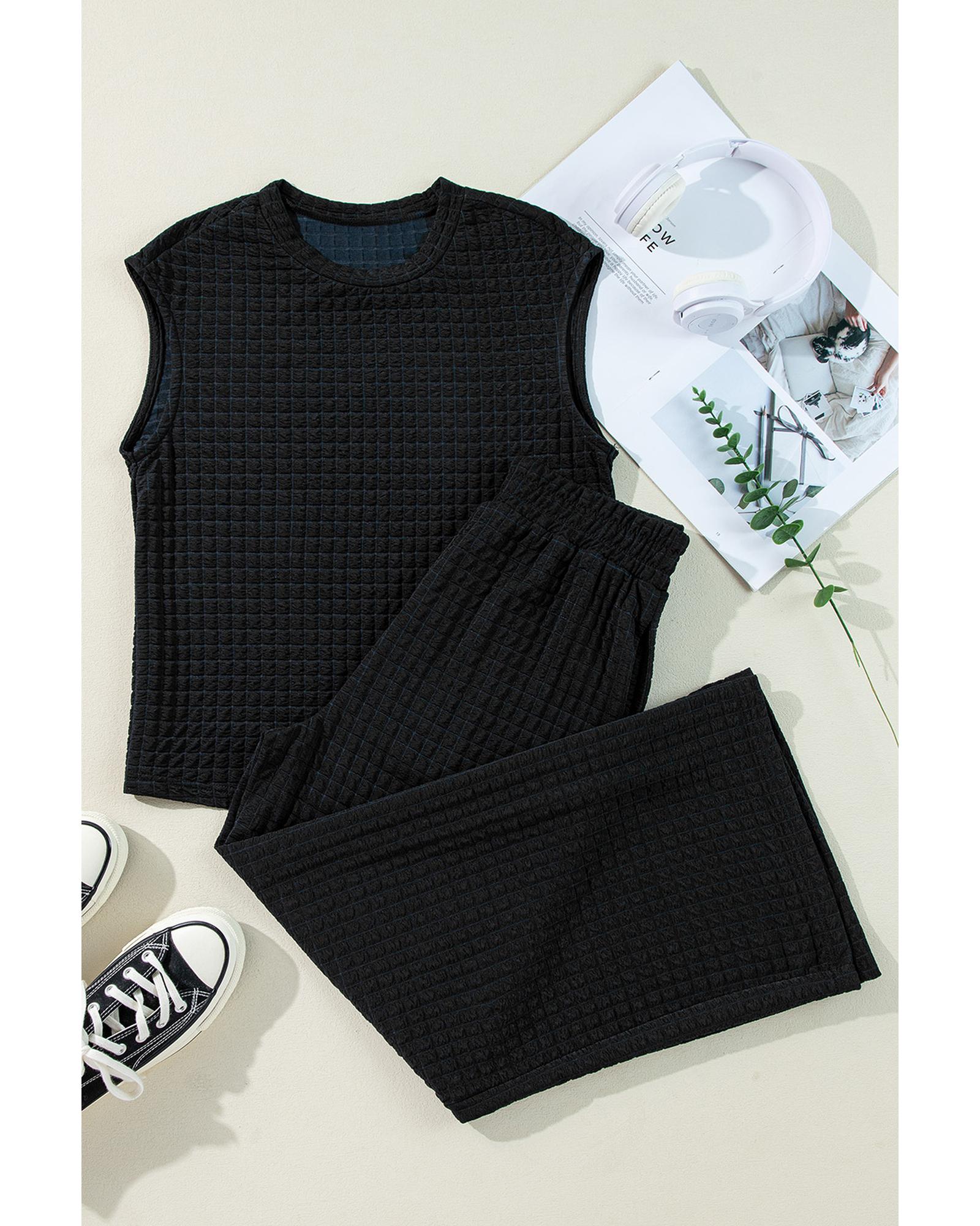 Color black Textured Knit Cap Sleeve T Shirt and Wide Leg Pants Set - XL 6
