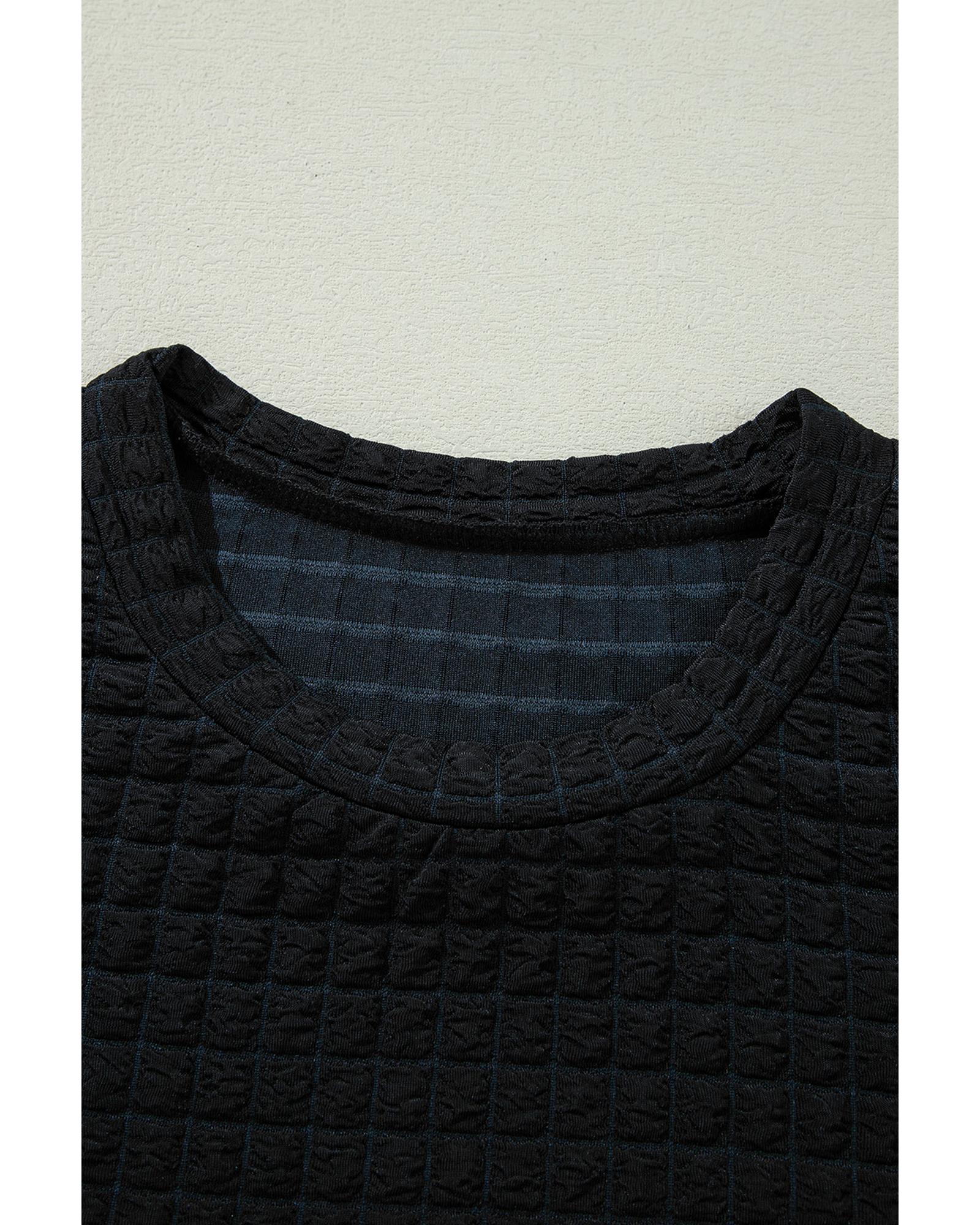 Color black Textured Knit Cap Sleeve T Shirt and Wide Leg Pants Set - XL 8