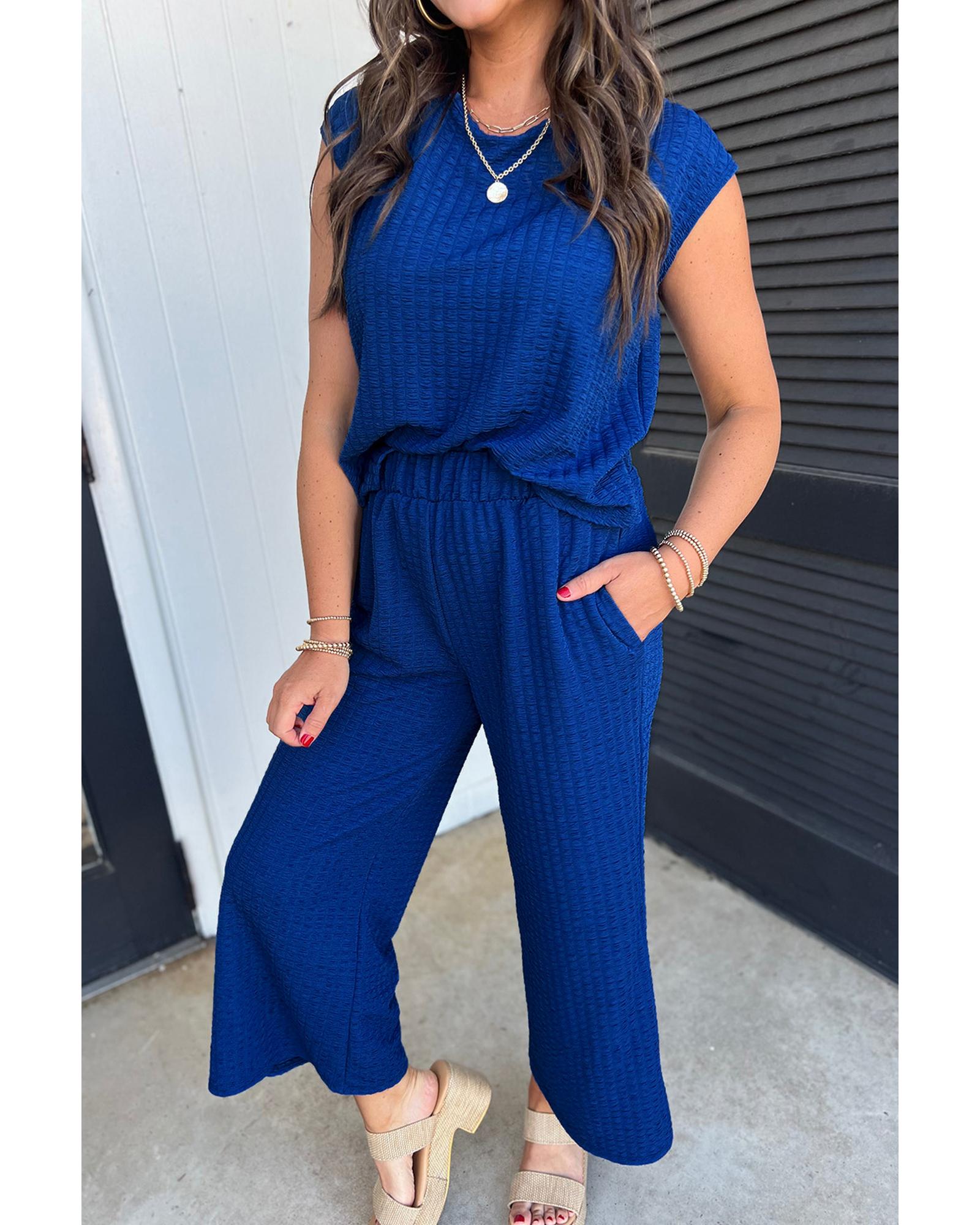 Sky Blue Textured Knit Cap Sleeve T Shirt and Wide Leg Pants Set - L