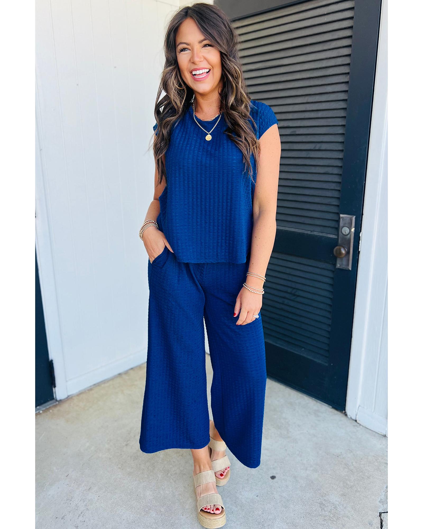 Sky Blue Textured Knit Cap Sleeve T Shirt and Wide Leg Pants Set - L 3