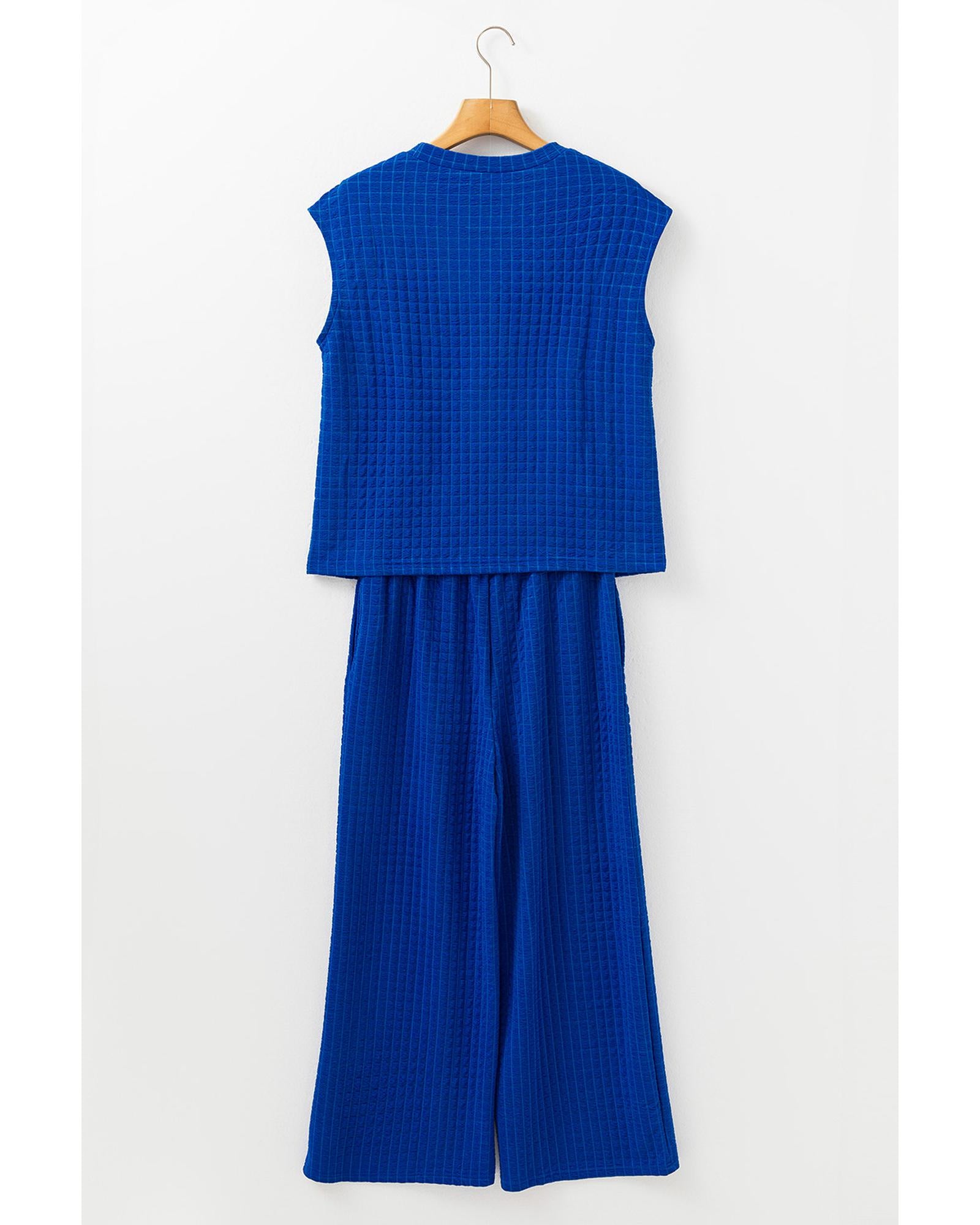 Sky Blue Textured Knit Cap Sleeve T Shirt and Wide Leg Pants Set - M 5