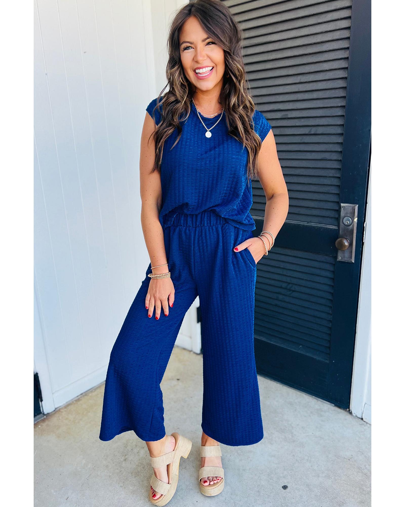 Sky Blue Textured Knit Cap Sleeve T Shirt and Wide Leg Pants Set - XL