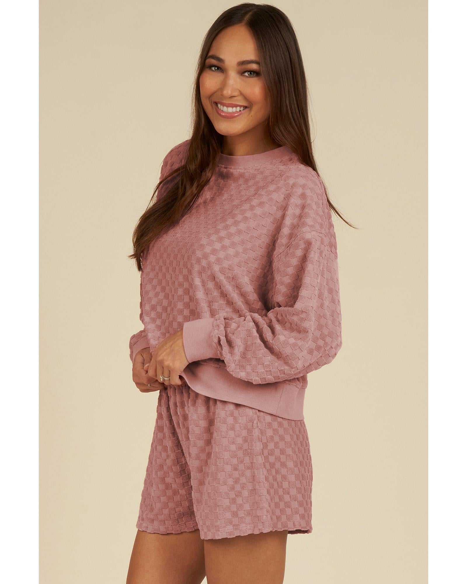 Blossom Checkered Textured Long Sleeve Top and Shorts Set - L 4
