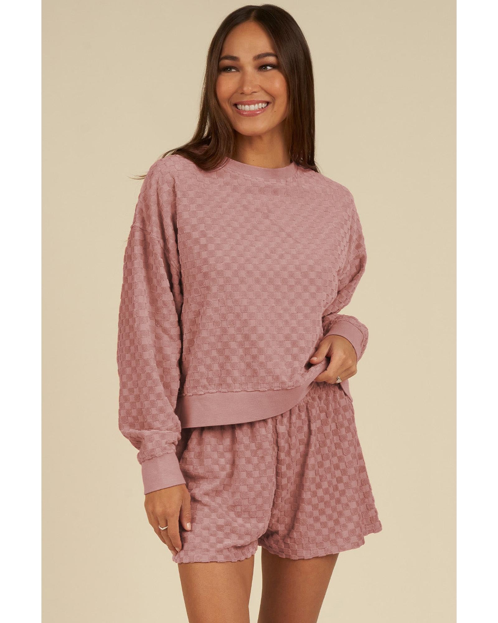 Blossom Checkered Textured Long Sleeve Top and Shorts Set - L 7