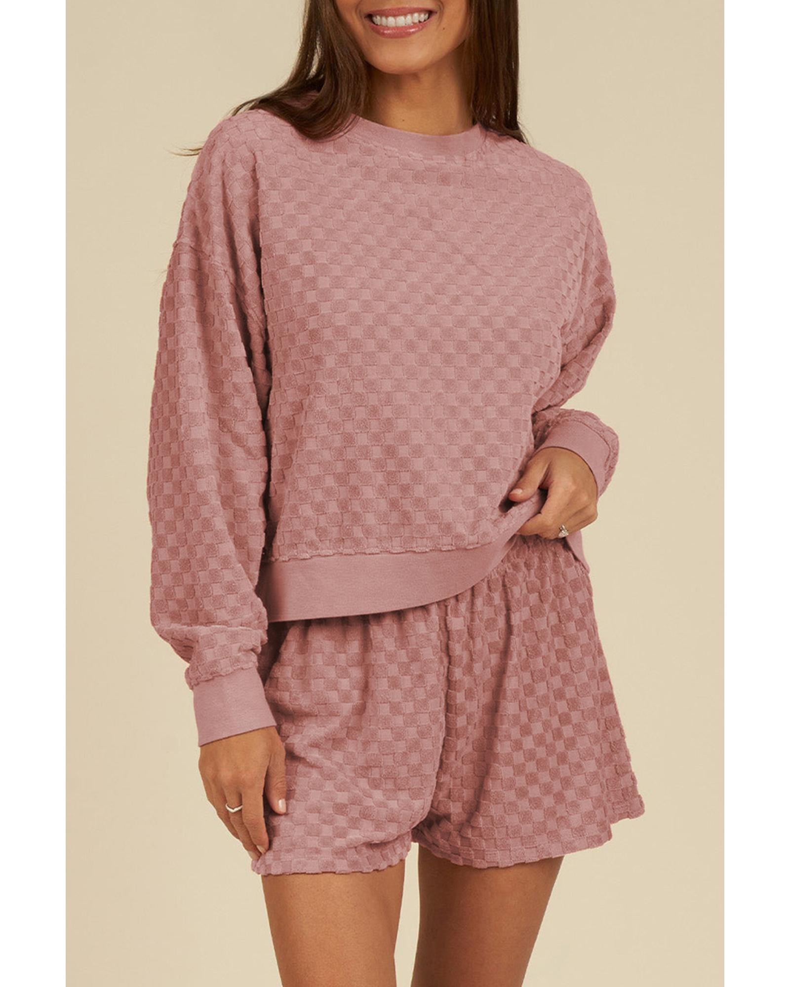 Blossom Checkered Textured Long Sleeve Top and Shorts Set - XL