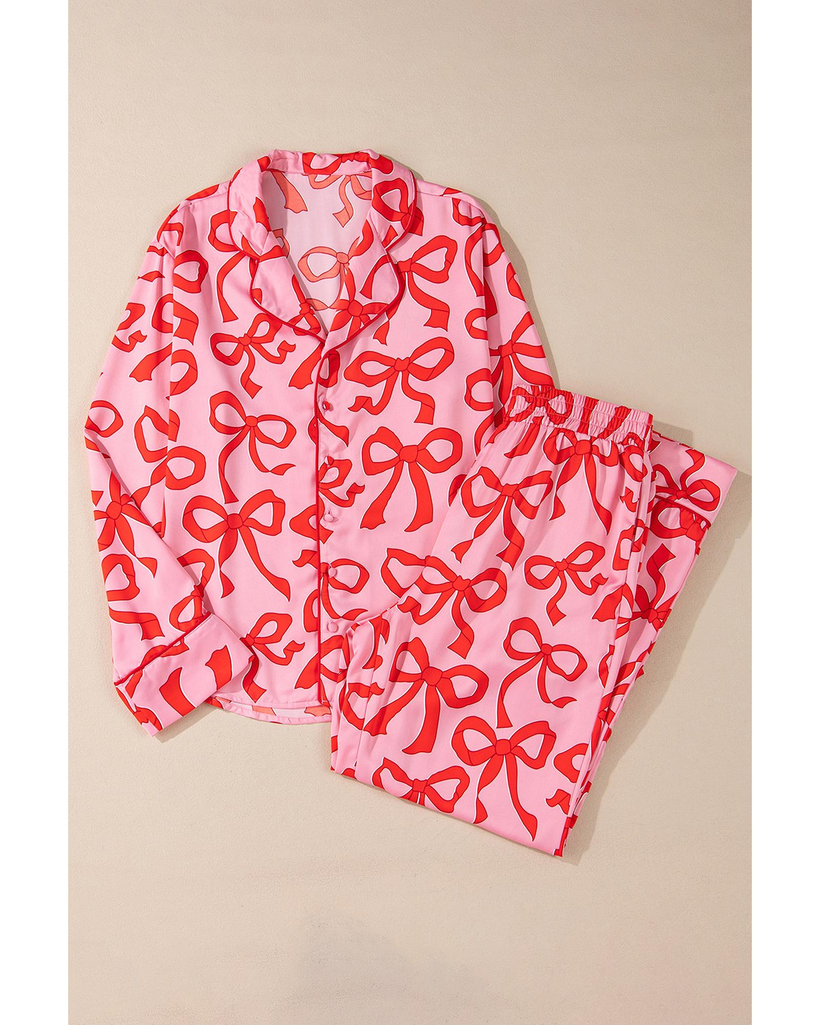 Pink 2pcs Bow Print Shirt Style Long Sleeve Pajama Set - S 6