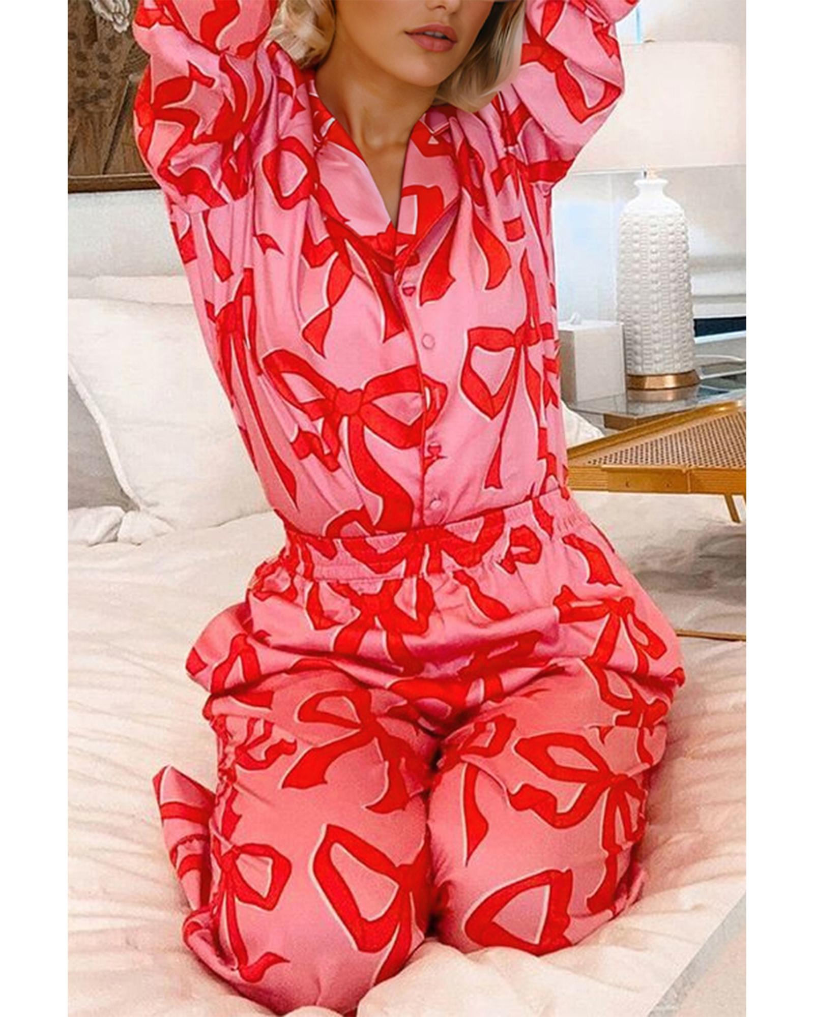 Pink 2pcs Bow Print Shirt Style Long Sleeve Pajama Set - S 8