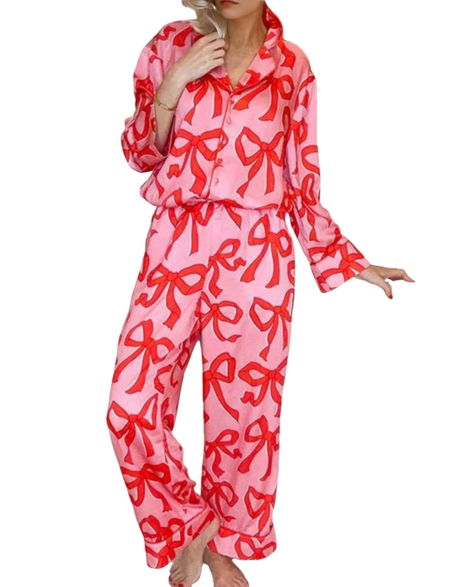 Pink 2pcs Bow Print Shirt Style Long Sleeve Pajama Set - XL 3