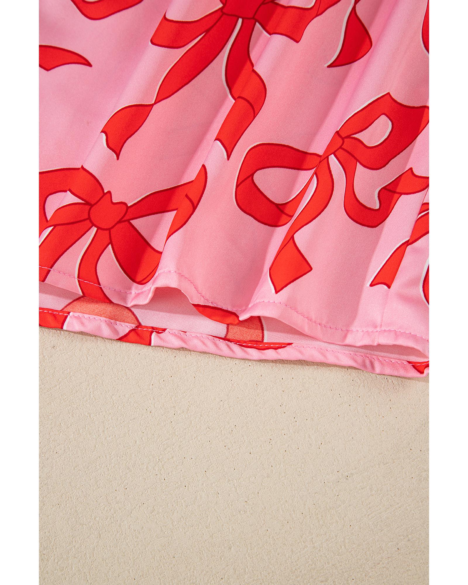 Pink 2pcs Bow Print Shirt Style Long Sleeve Pajama Set - XL 4