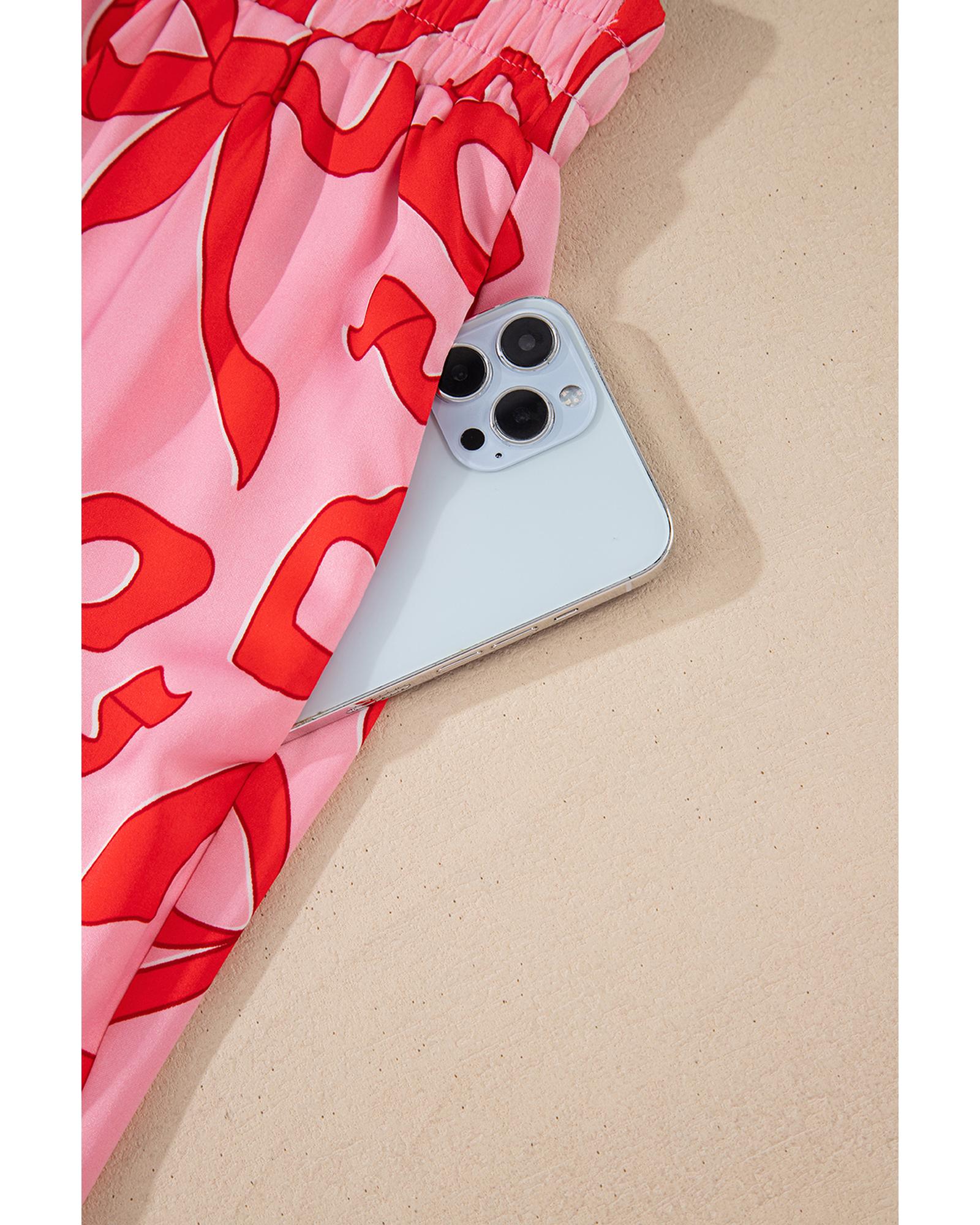 Pink 2pcs Bow Print Shirt Style Long Sleeve Pajama Set - XL 5