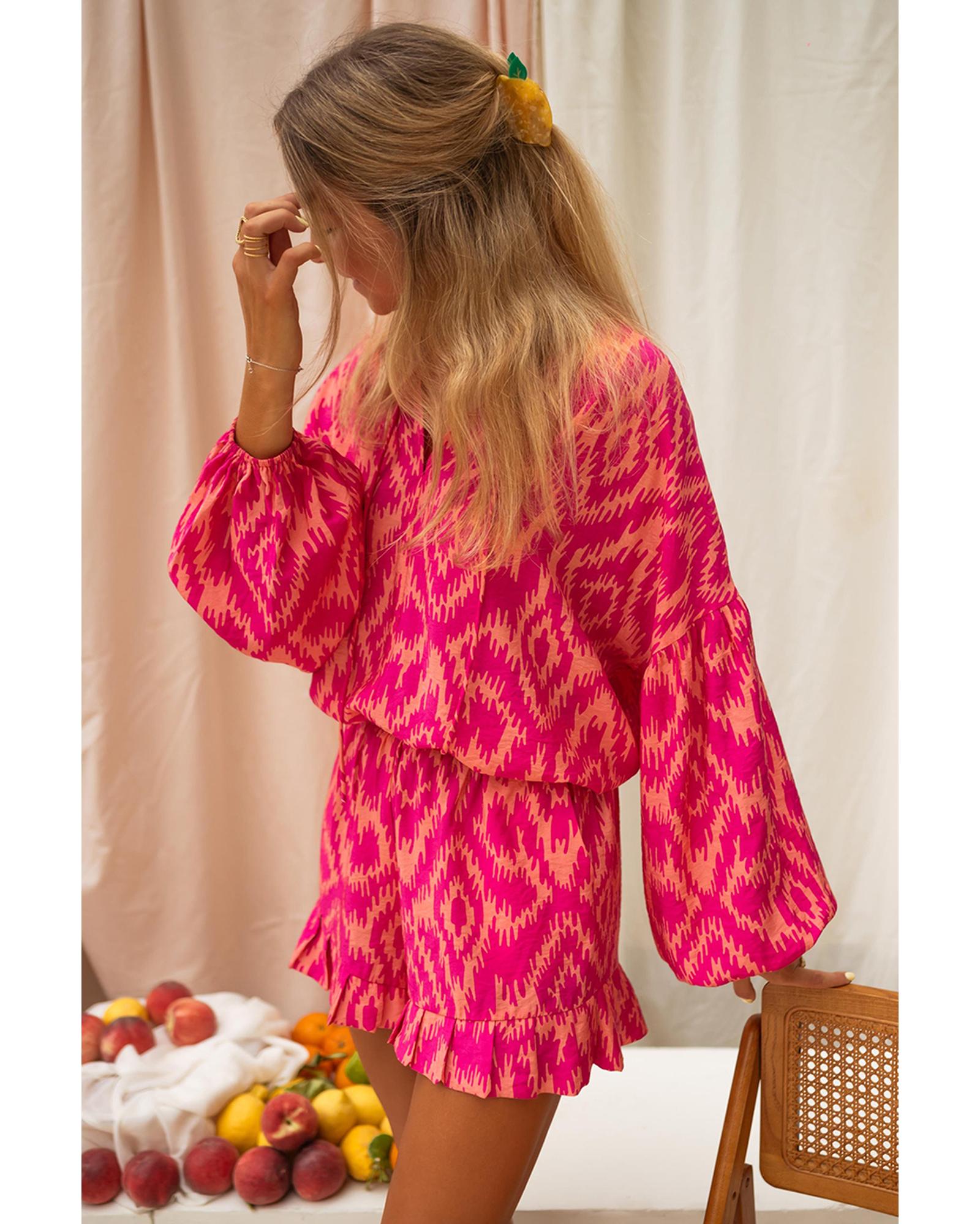 Rose Western Aztec Geometric Print Top and Ruffled Shorts Set - L 4