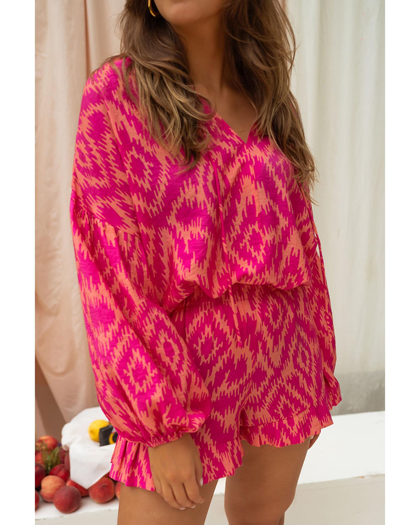 Rose Western Aztec Geometric Print Top and Ruffled Shorts Set - L 5