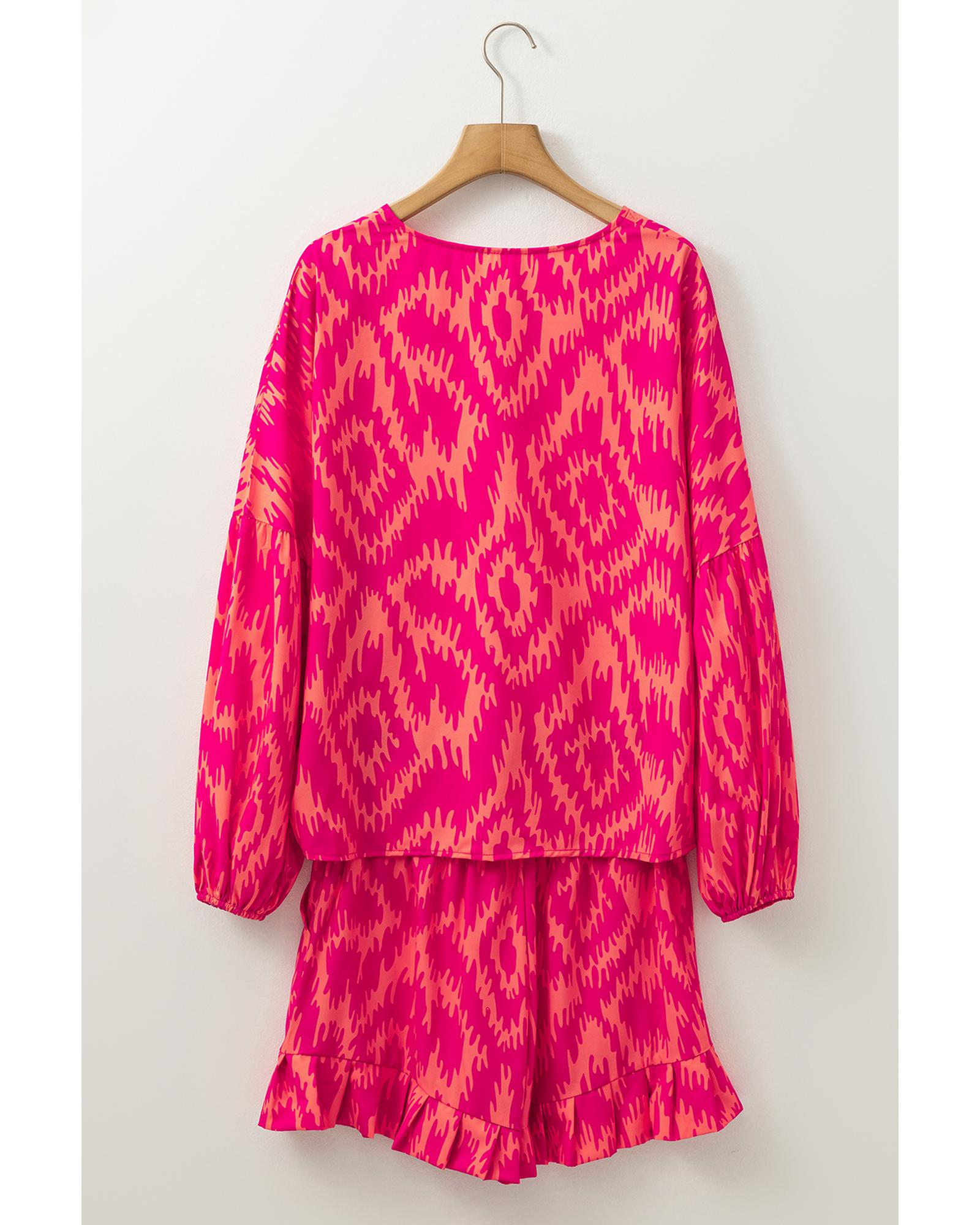 Rose Western Aztec Geometric Print Top and Ruffled Shorts Set - L 8