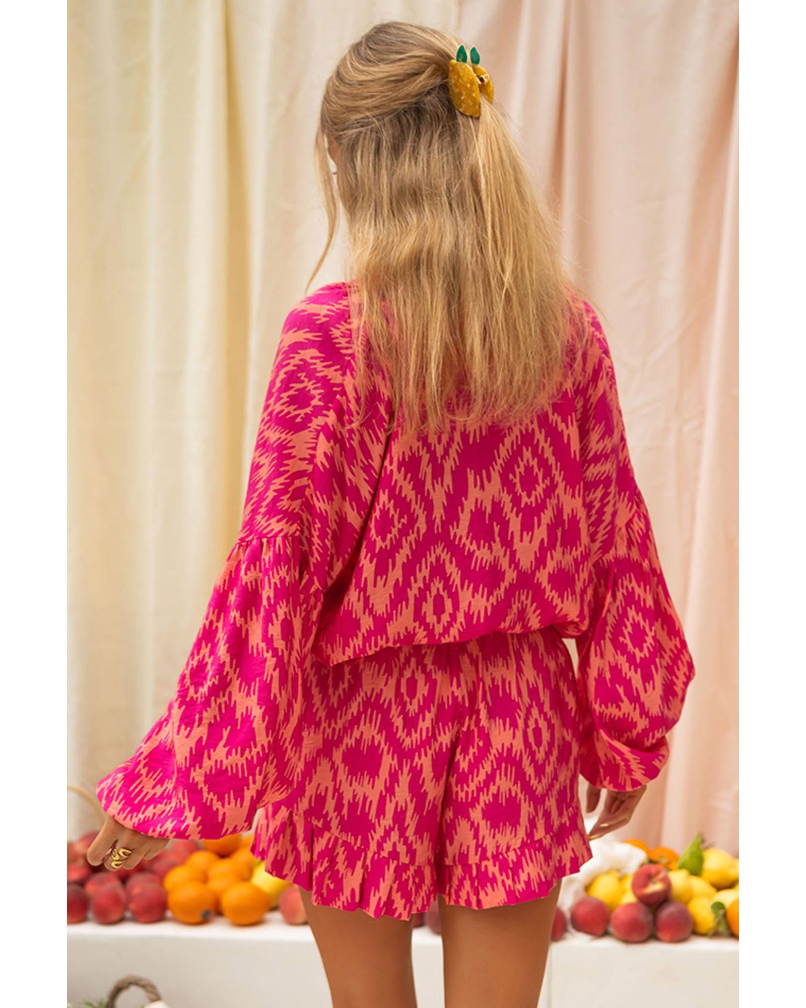 Rose Western Aztec Geometric Print Top and Ruffled Shorts Set - M 3