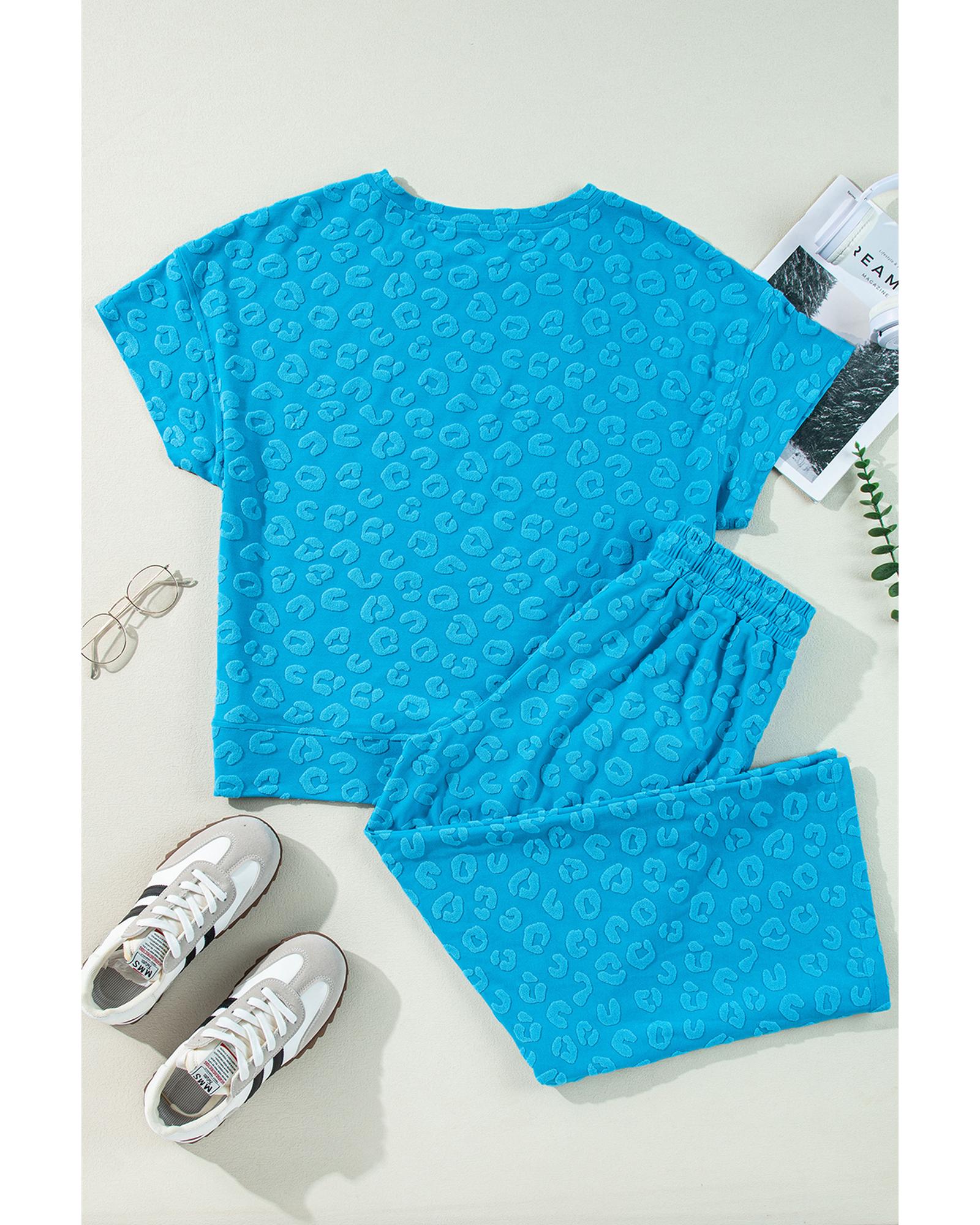 Blue Leopard Jacquard Short Sleeve Top and Wide Leg Pants Set - S 3