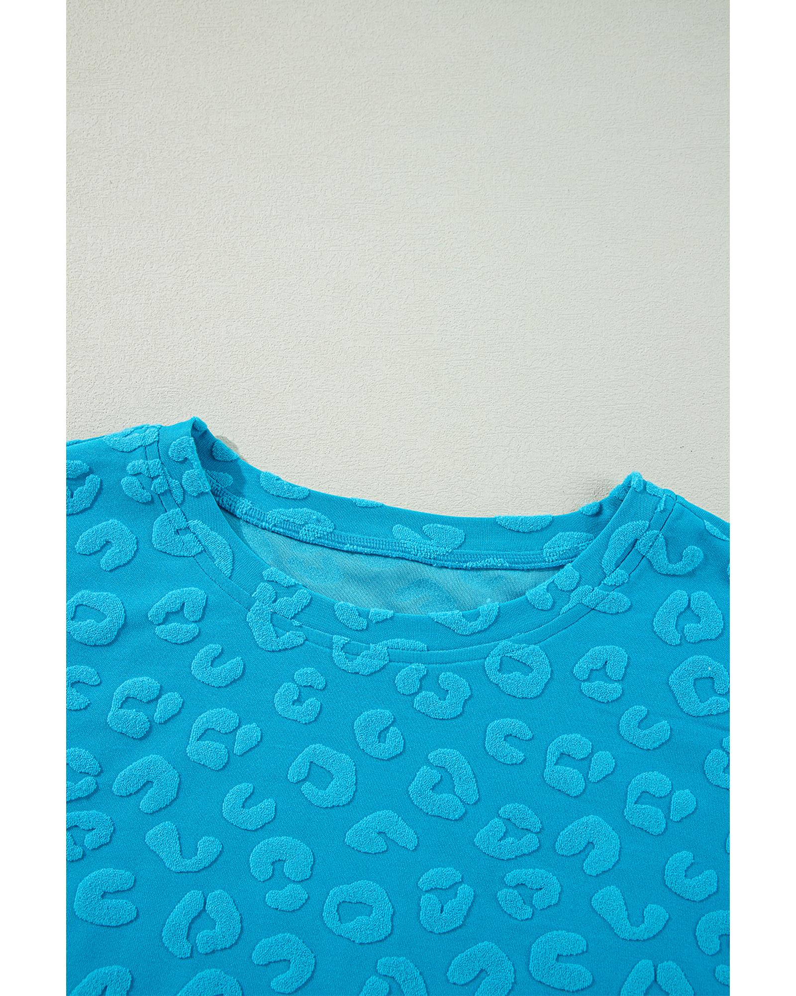 Blue Leopard Jacquard Short Sleeve Top and Wide Leg Pants Set - S 4