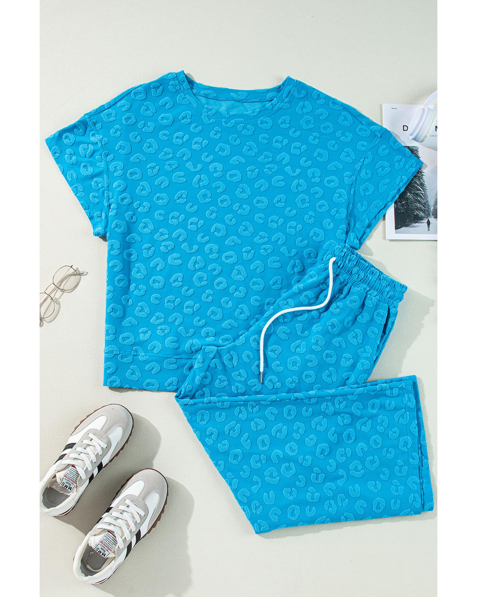 Blue Leopard Jacquard Short Sleeve Top and Wide Leg Pants Set - S 5