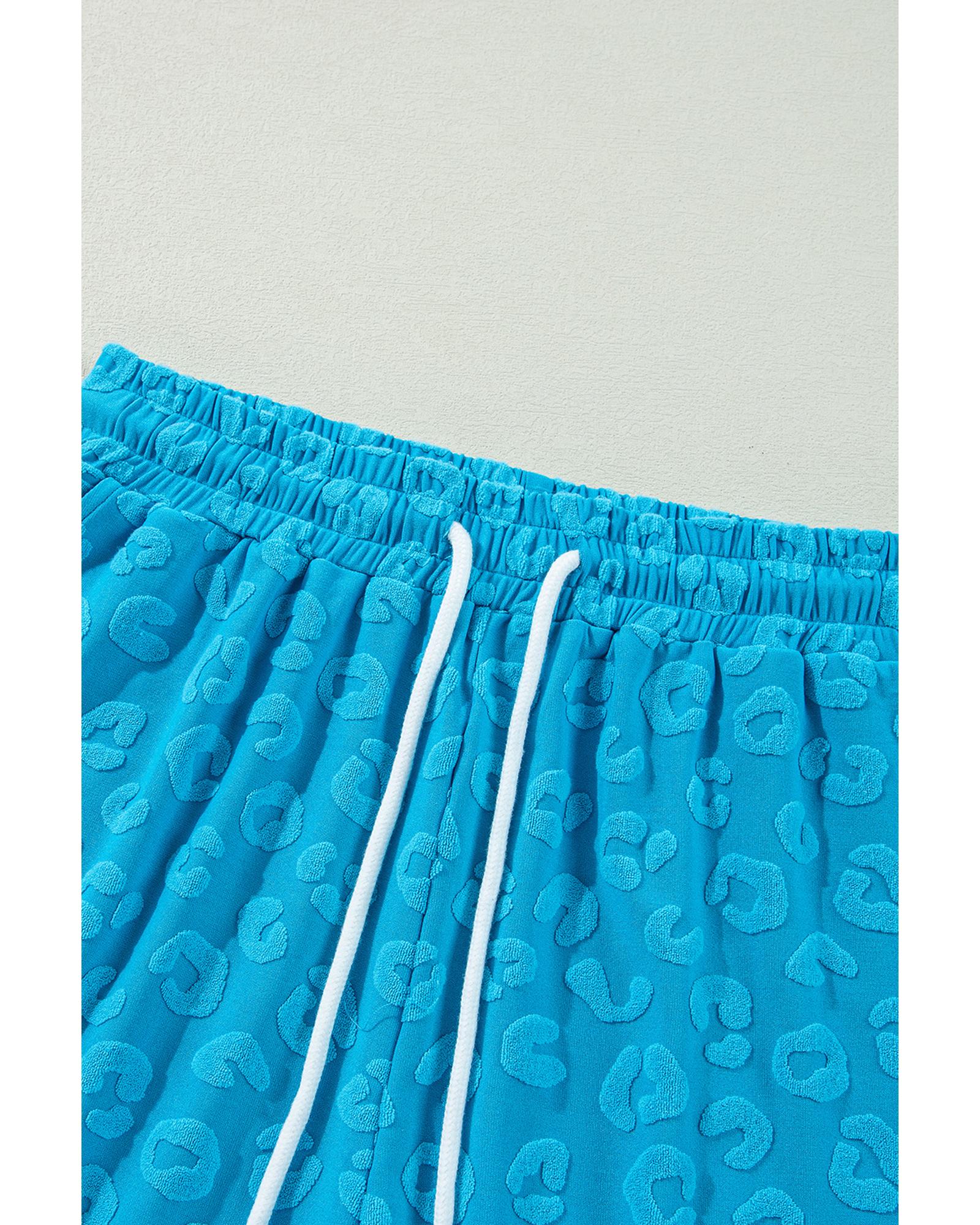 Blue Leopard Jacquard Short Sleeve Top and Wide Leg Pants Set - S 8