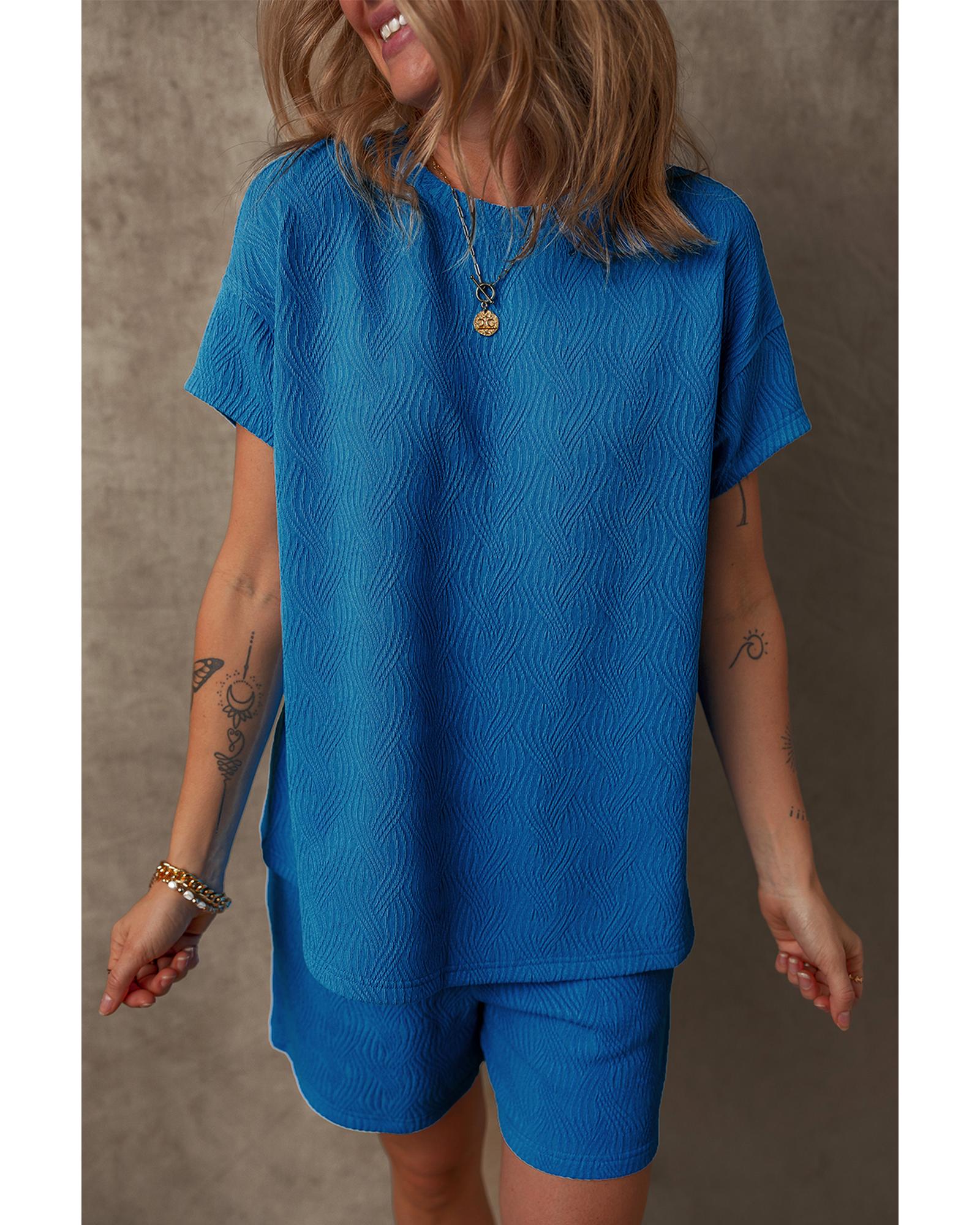 Bluing Solid Textured Crew Neck Short Set - S 3