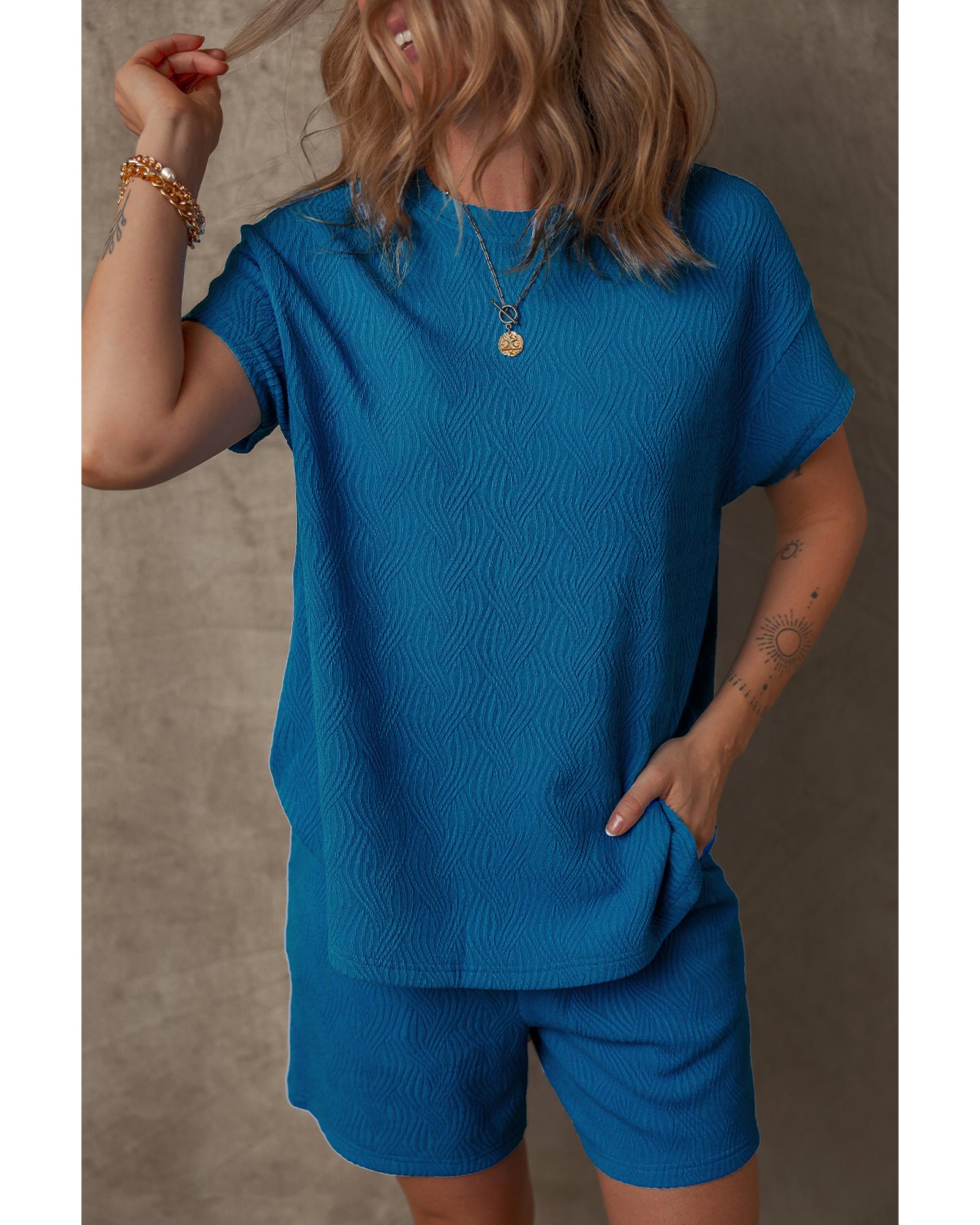Bluing Solid Textured Crew Neck Short Set - S 4