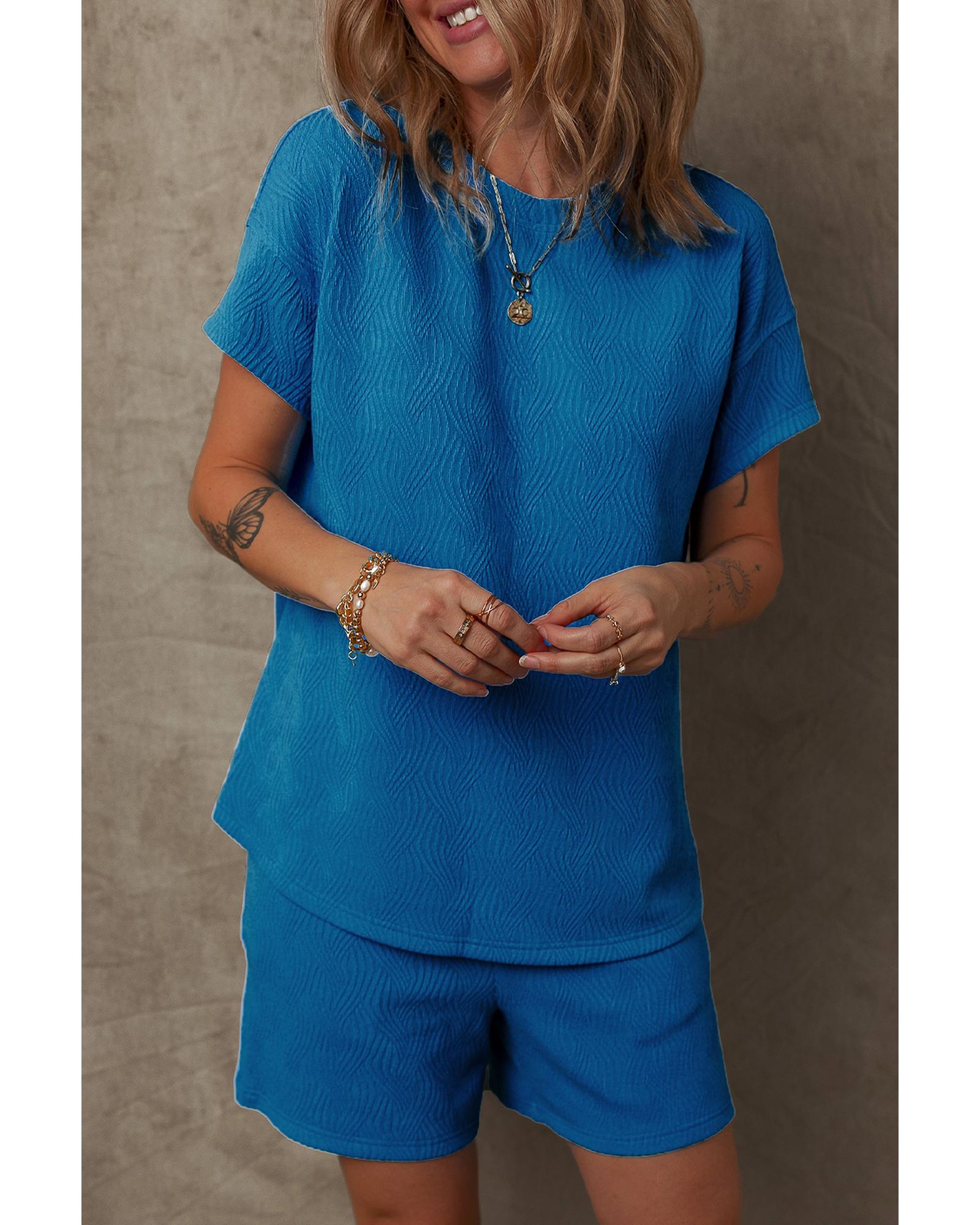 Bluing Solid Textured Crew Neck Short Set - S 5