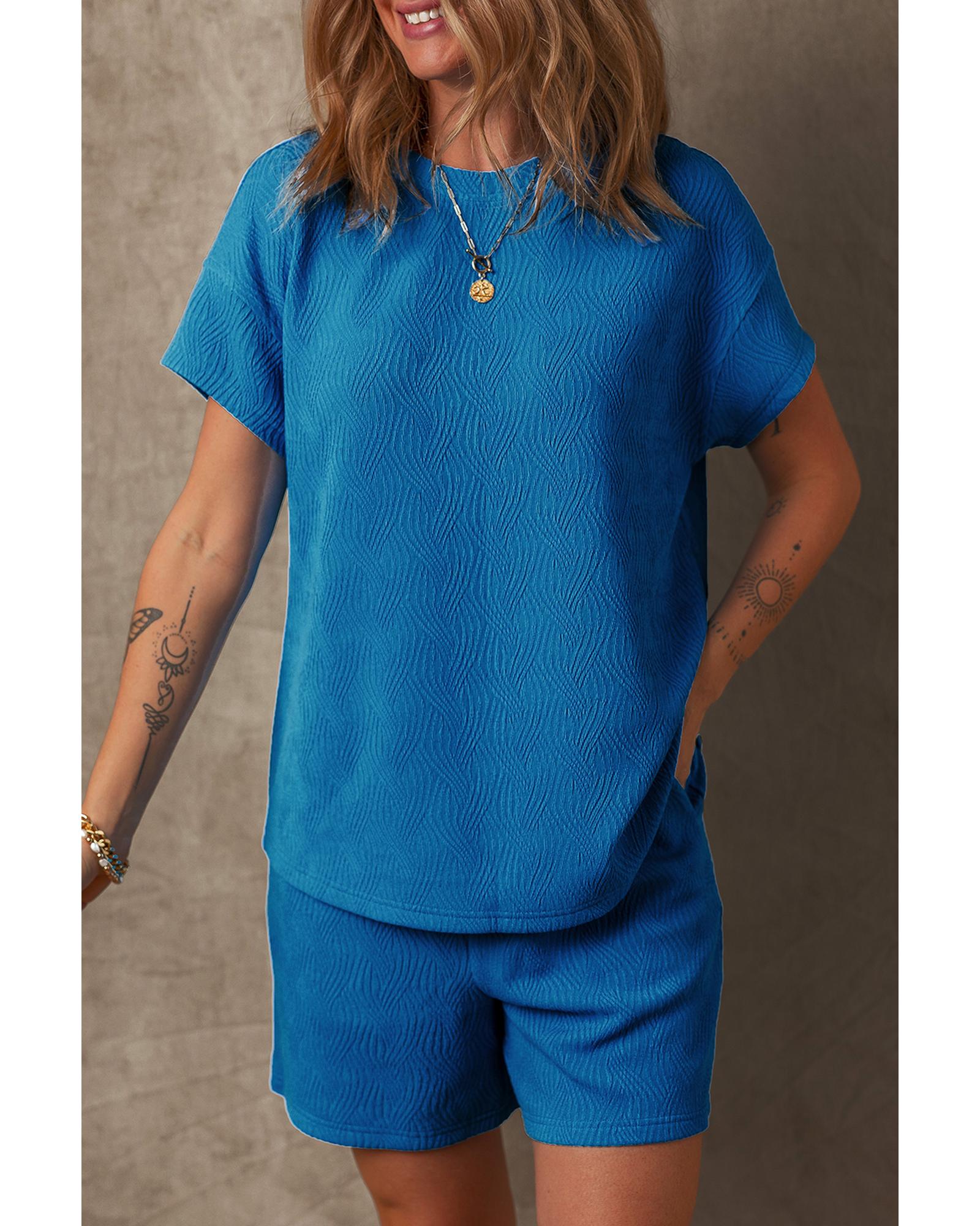 Bluing Solid Textured Crew Neck Short Set - S 6