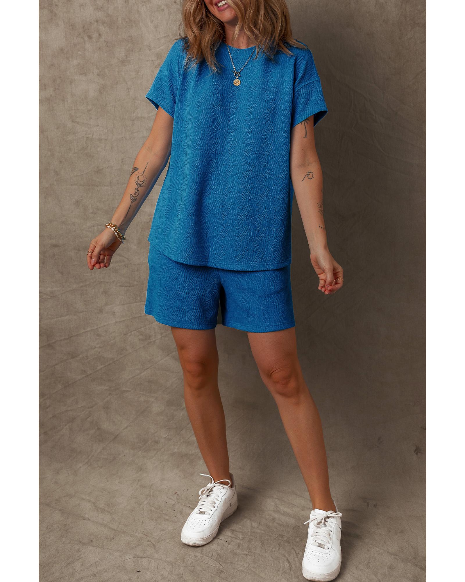 Bluing Solid Textured Crew Neck Short Set - S 7