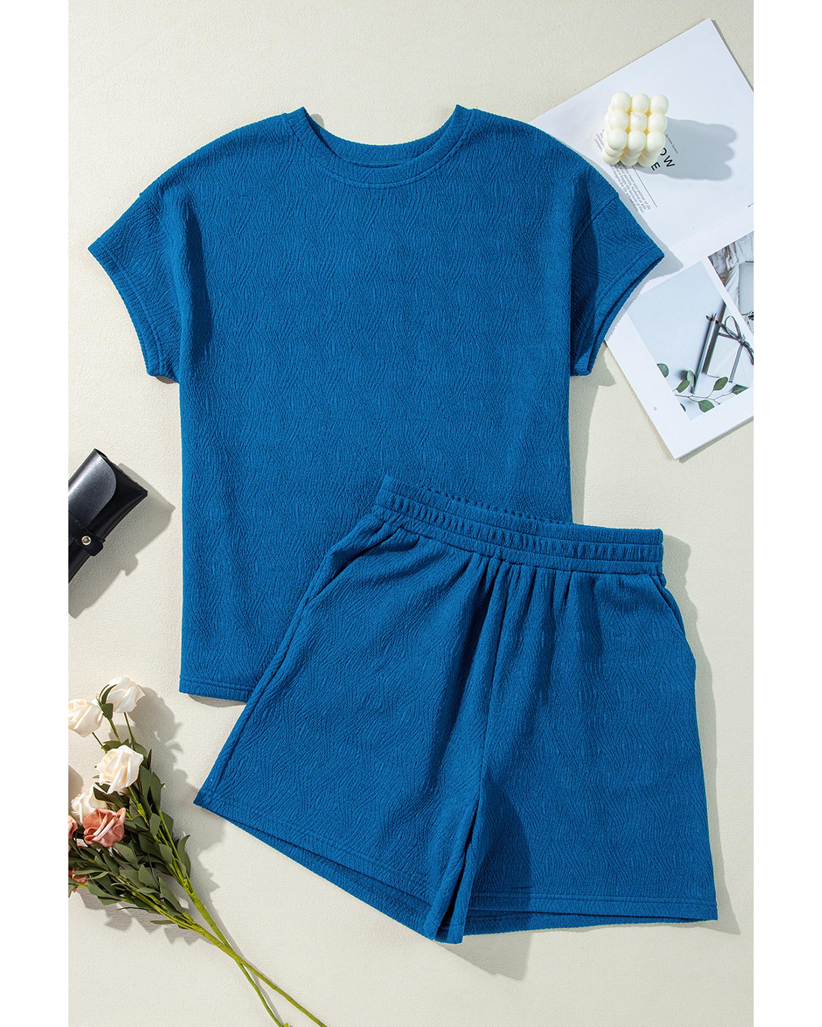 Bluing Solid Textured Crew Neck Short Set - S 8